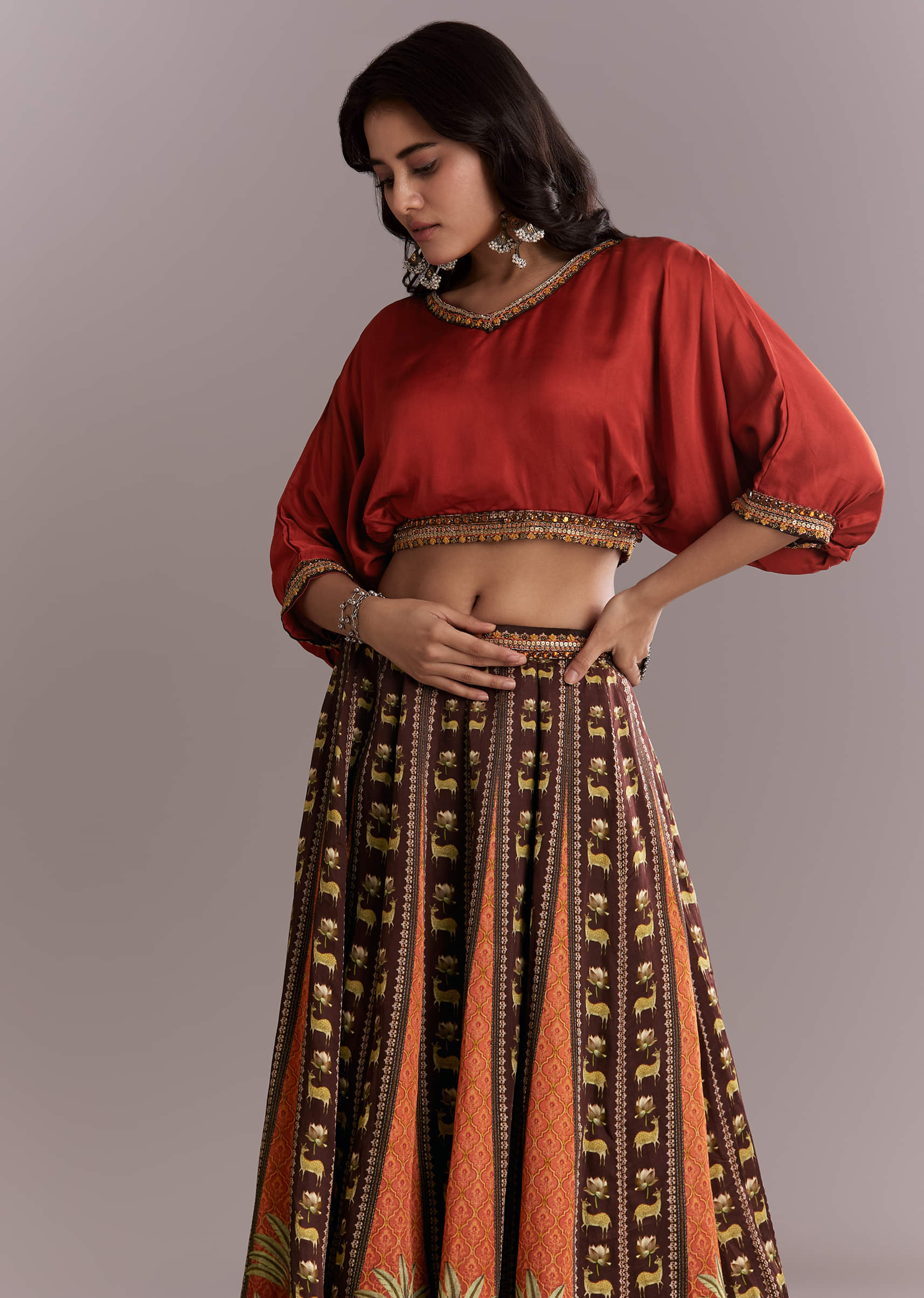 Brown Crepe Crop Top And Printed Skirt Set - Image 5