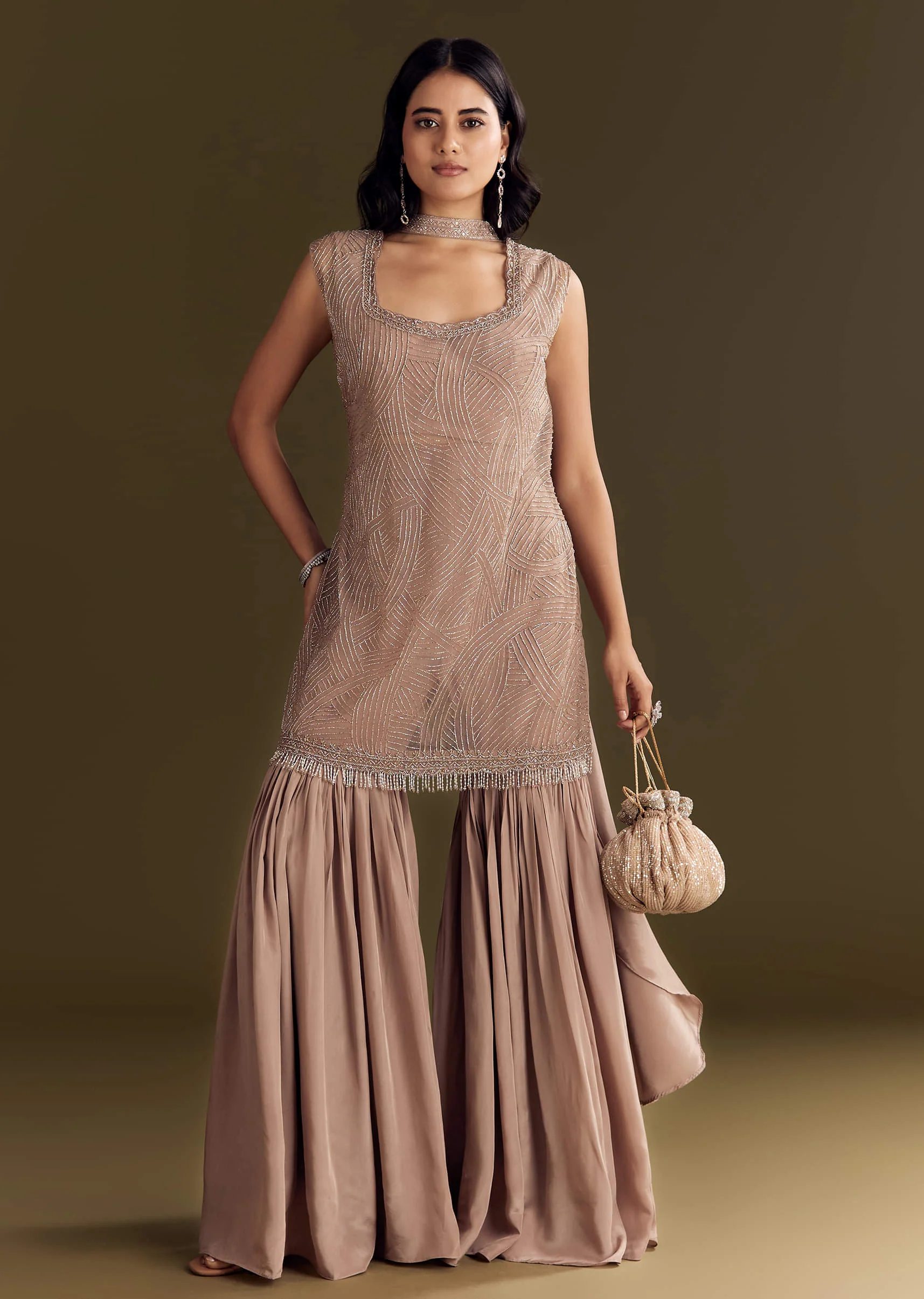 Brown Crepe Kurta Sharara With Choker Style Net Dupatta - Image 2