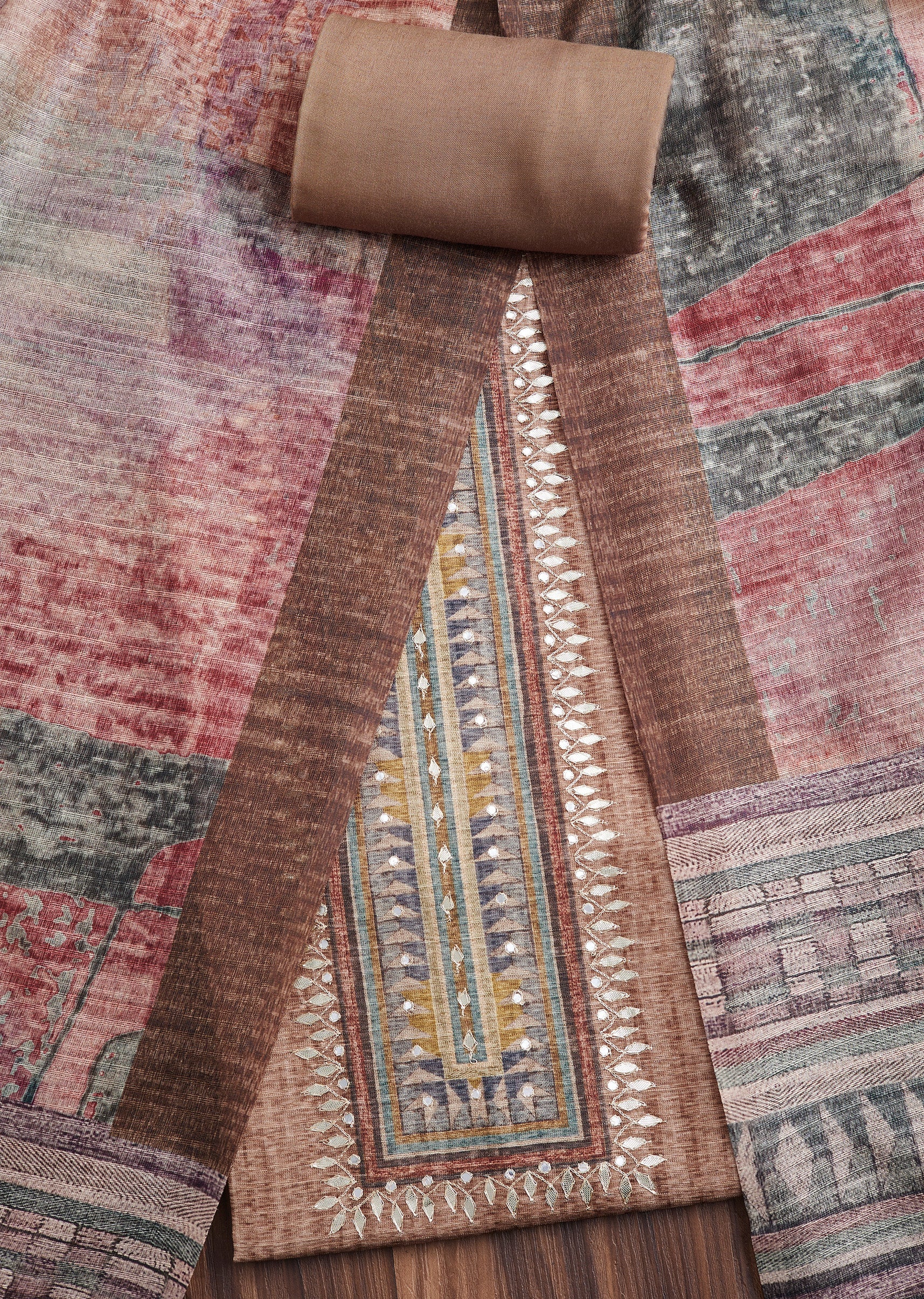 Brown Dola Silk Printed Unstitched Suit