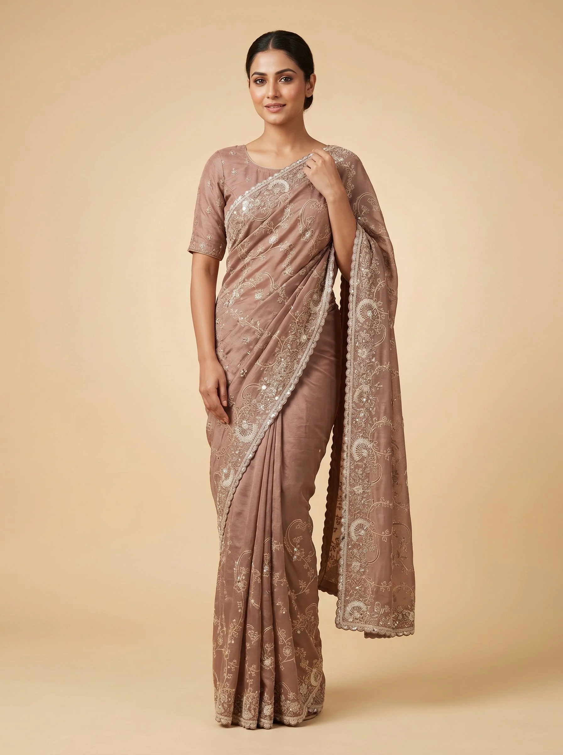 Brown Earthy Embroidery Embroidered Saree