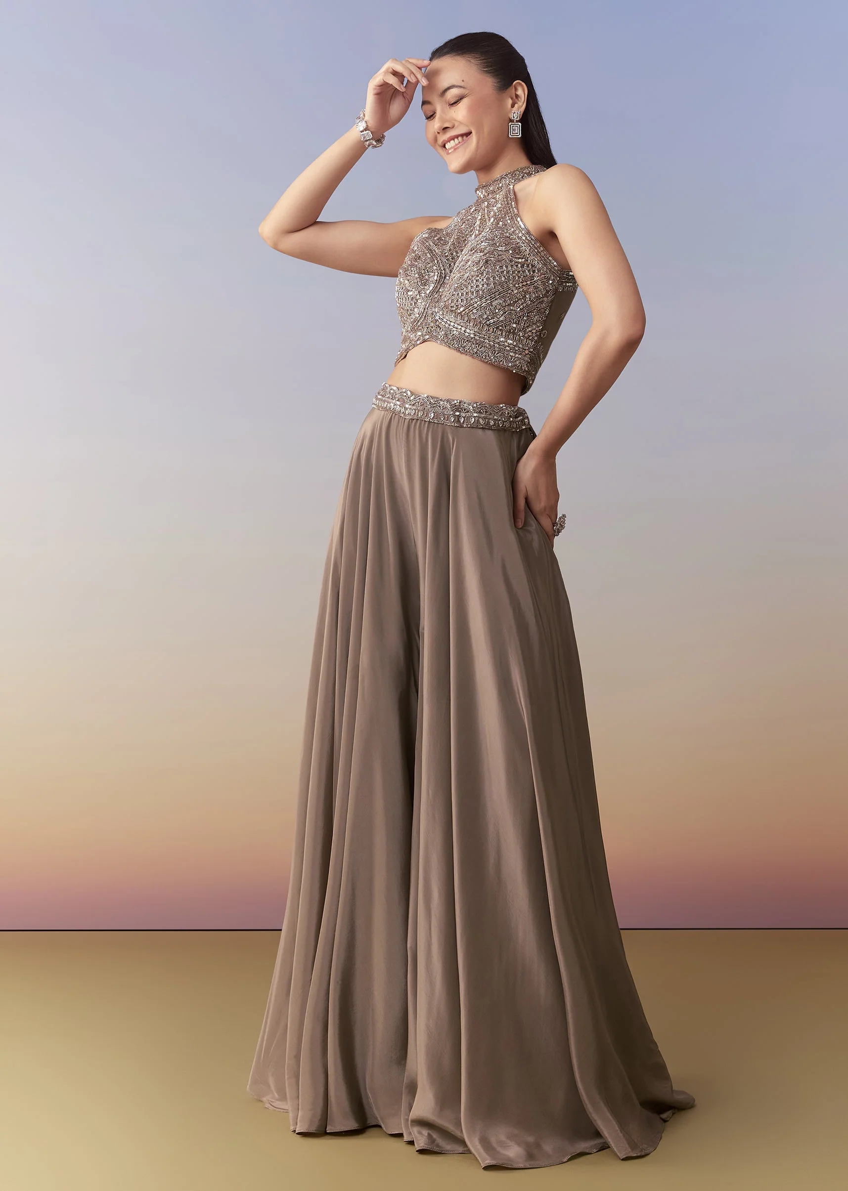 Brown Embellished Crop Top Palazzo Set - Image 3
