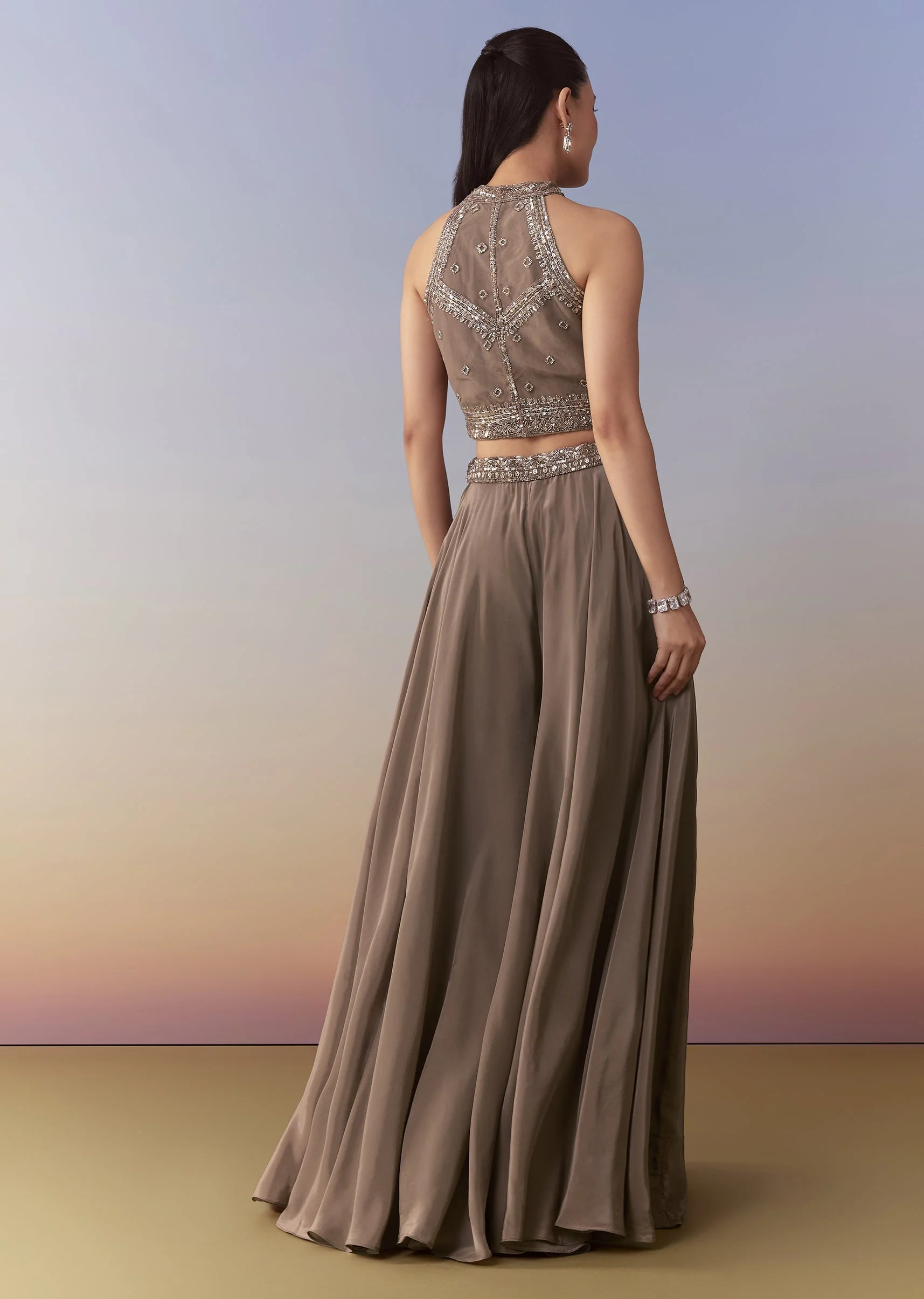 Brown Embellished Crop Top Palazzo Set - Image 5