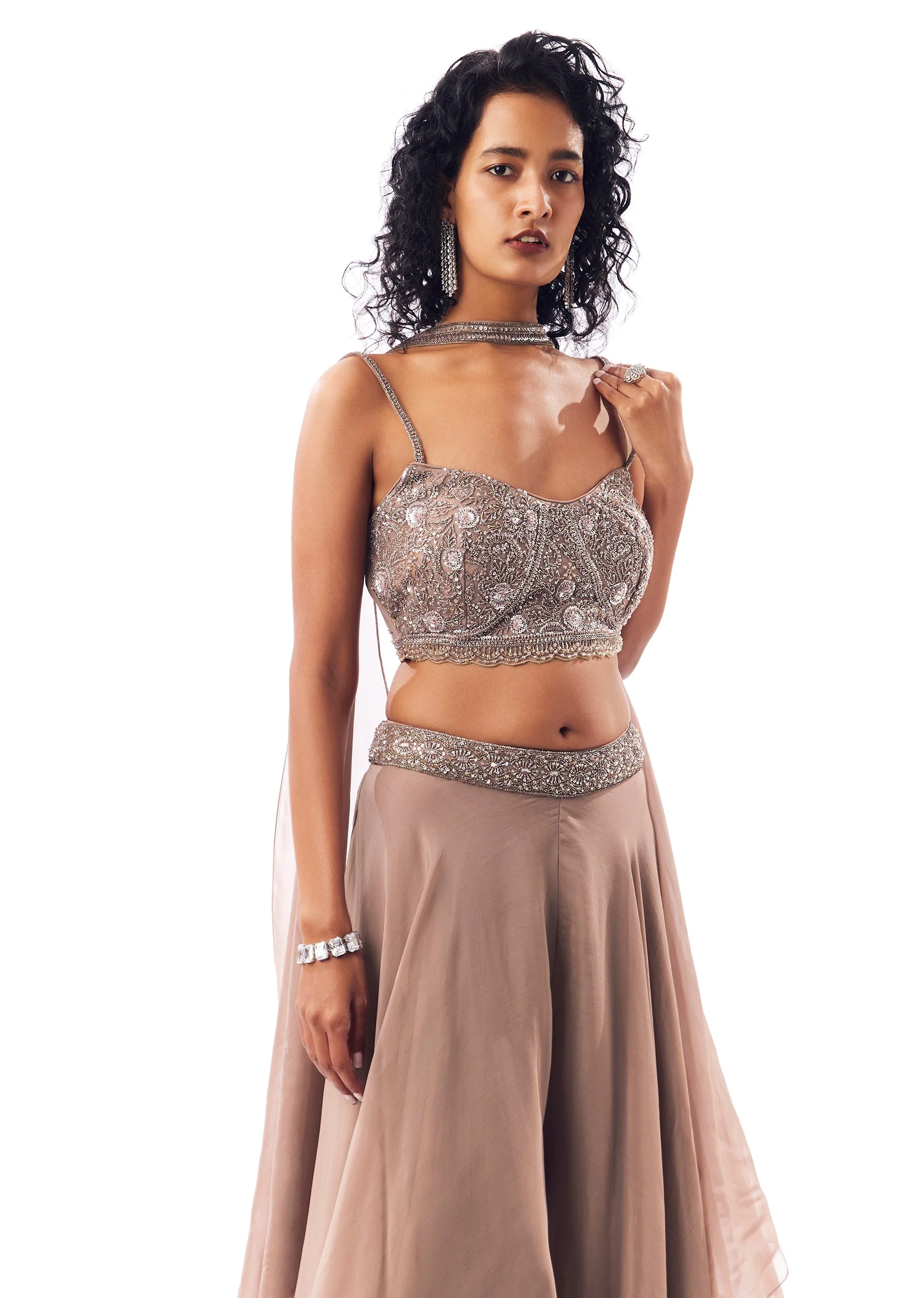 Brown Embellished Crop Top Set With Palazzos And Dupatta - Image 4