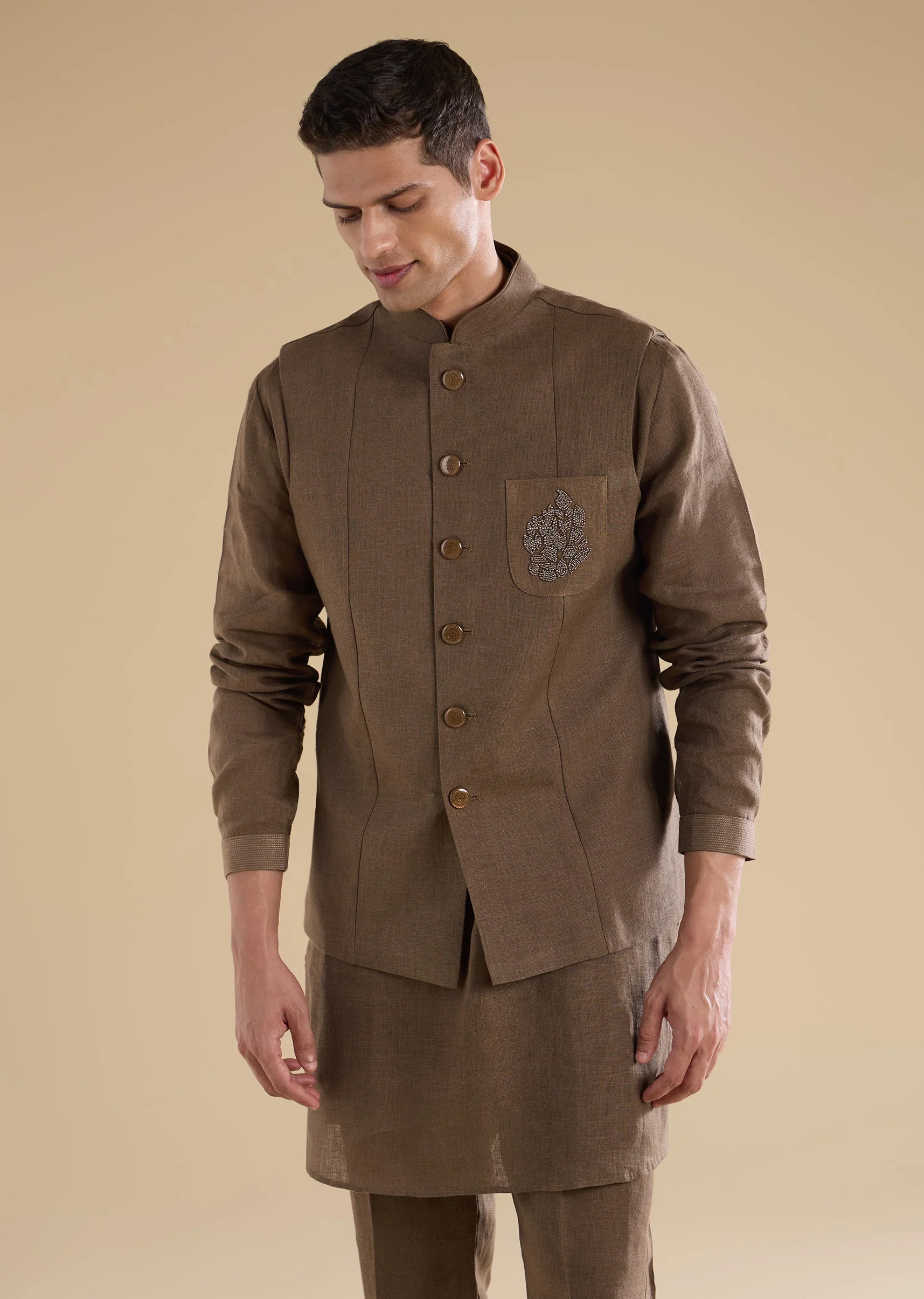 Brown Embellished Silk Kurta Jacket Set - Image 3