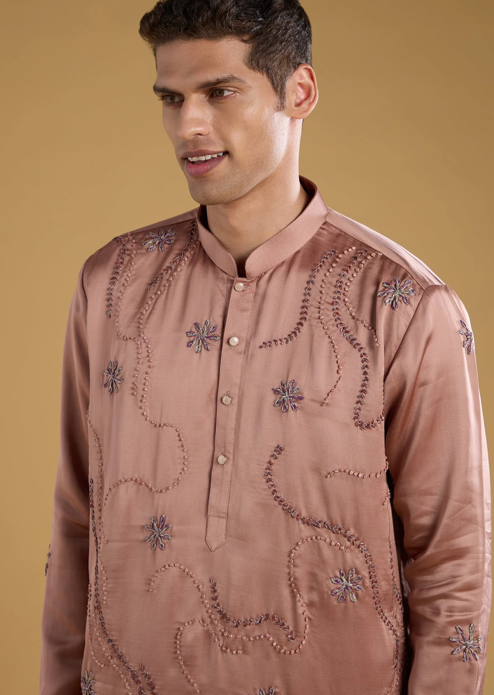 Brown Embroidered Men's Kurta Set with Dupatta in Silk - Image 4