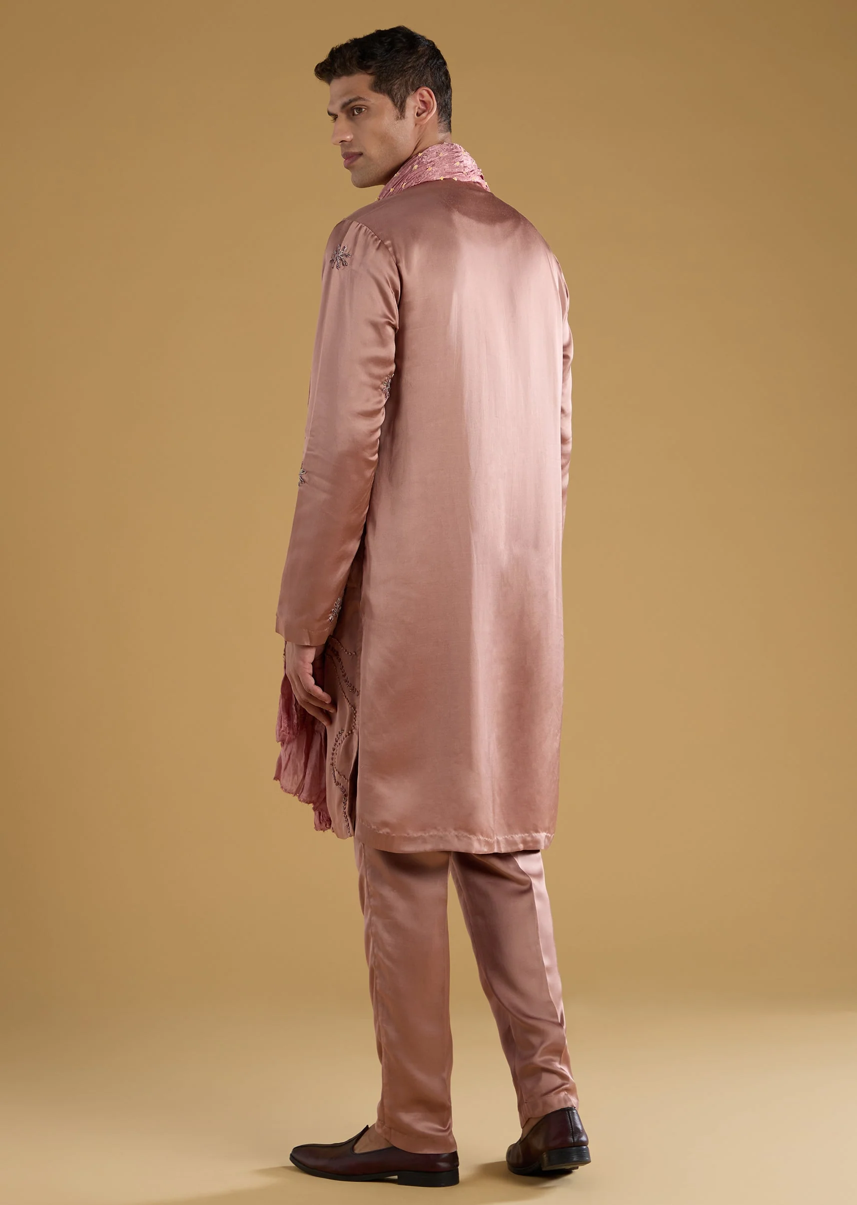 Brown Embroidered Men's Kurta Set with Dupatta in Silk - Image 5