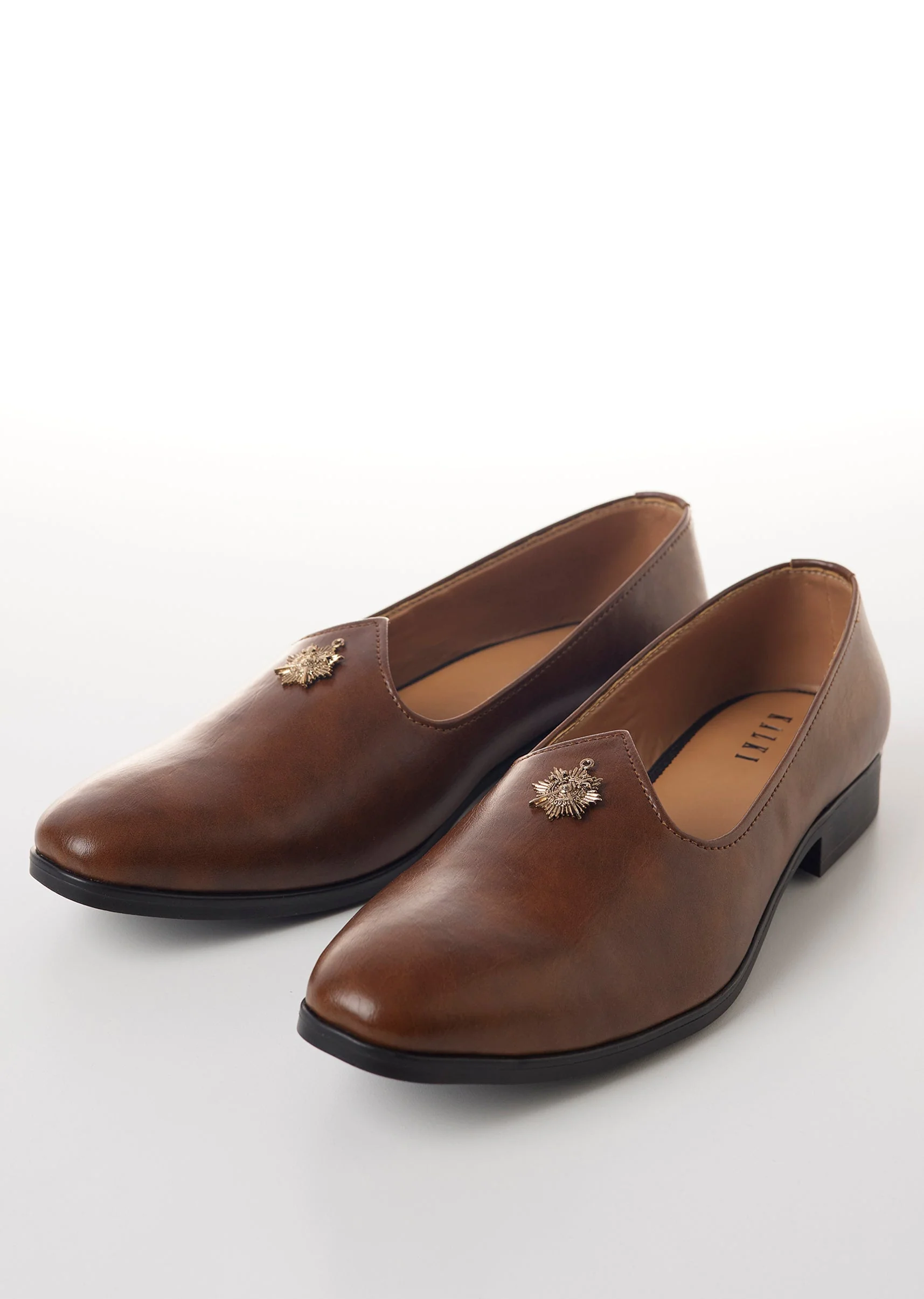 Brown Faux Leather Mens Loafers with Metallic Sun Motif Embellishment