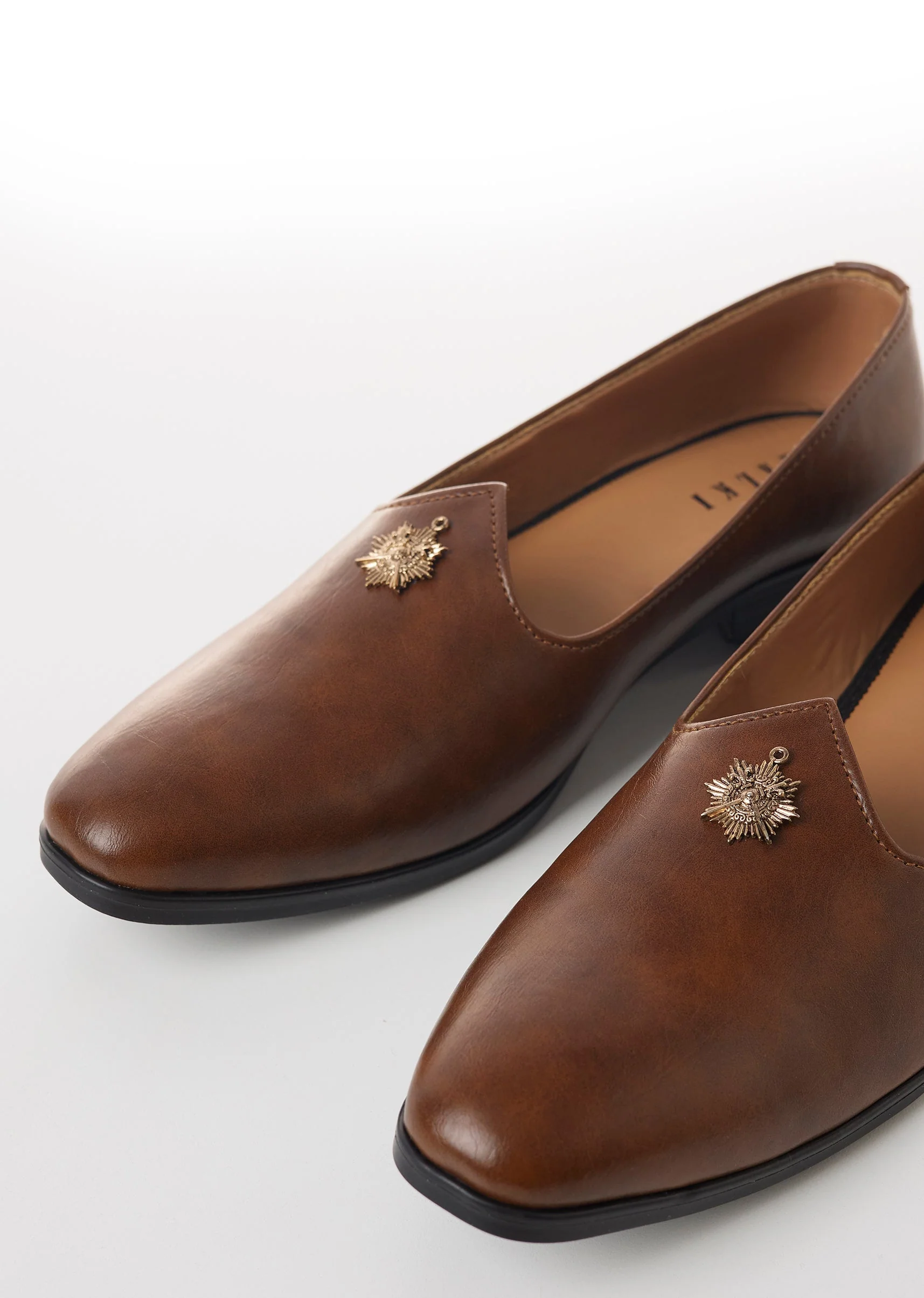 Brown Faux Leather Mens Loafers with Metallic Sun Motif Embellishment - Image 2