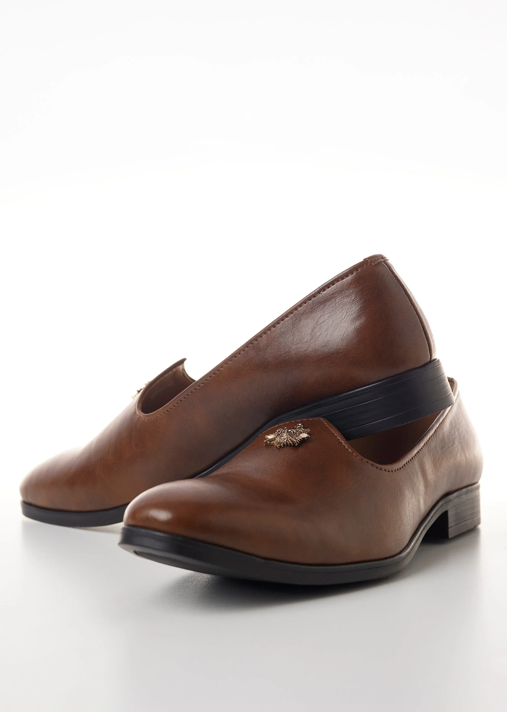 Brown Faux Leather Mens Loafers with Metallic Sun Motif Embellishment - Image 3