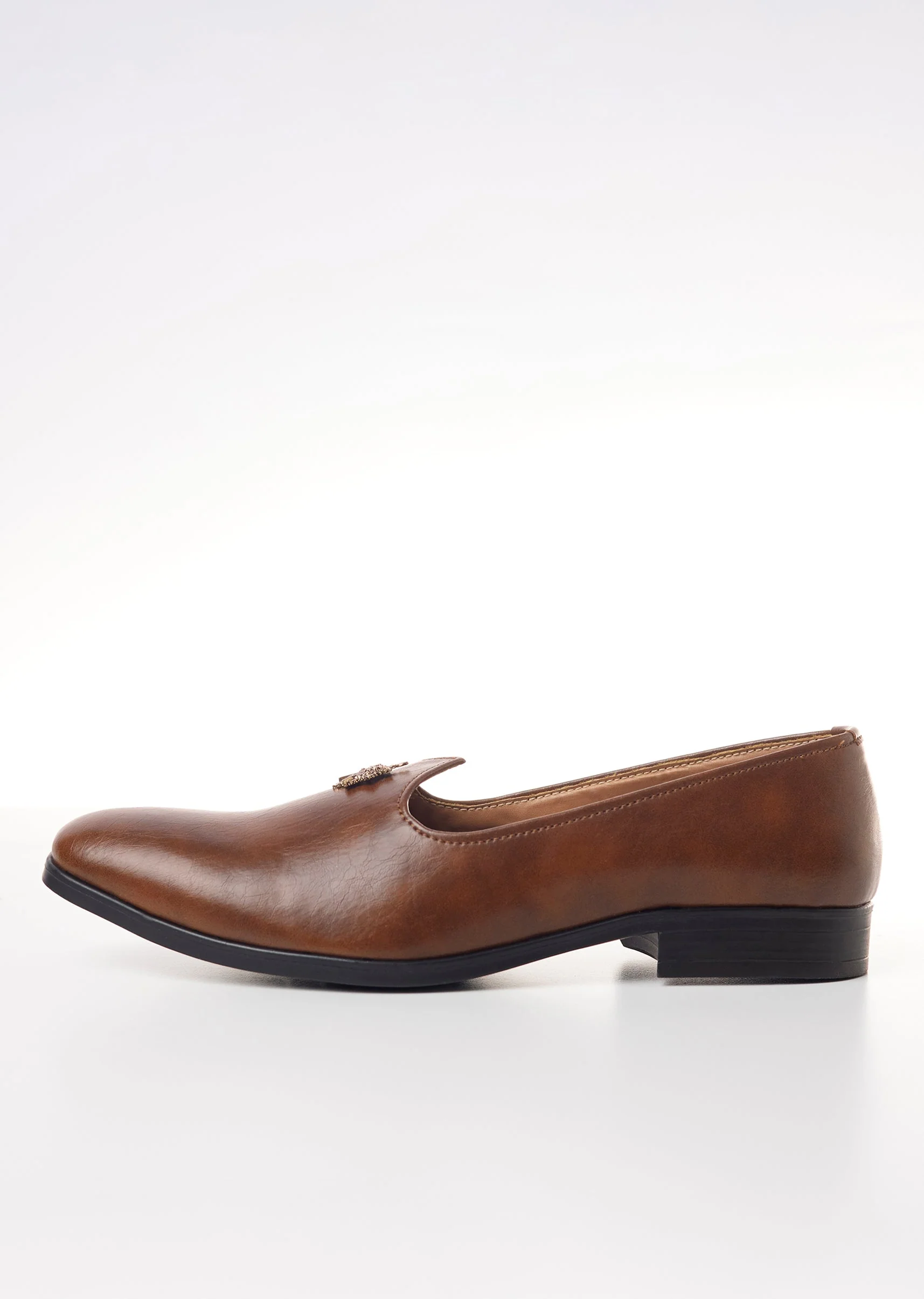 Brown Faux Leather Mens Loafers with Metallic Sun Motif Embellishment - Image 4