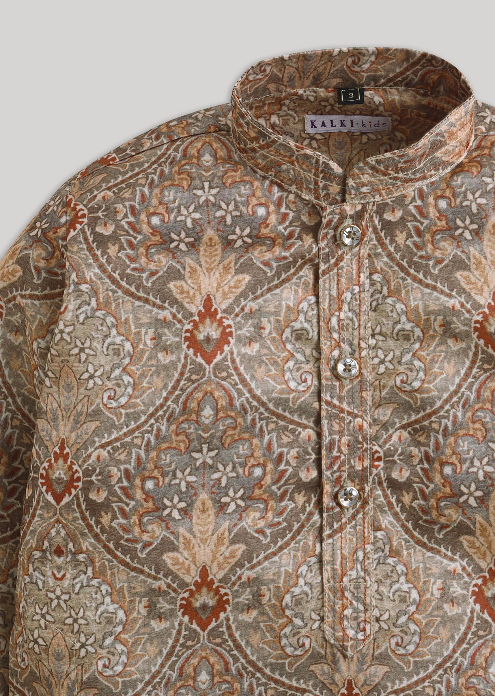 Brown Floral Kids Kurta Set - Image 4