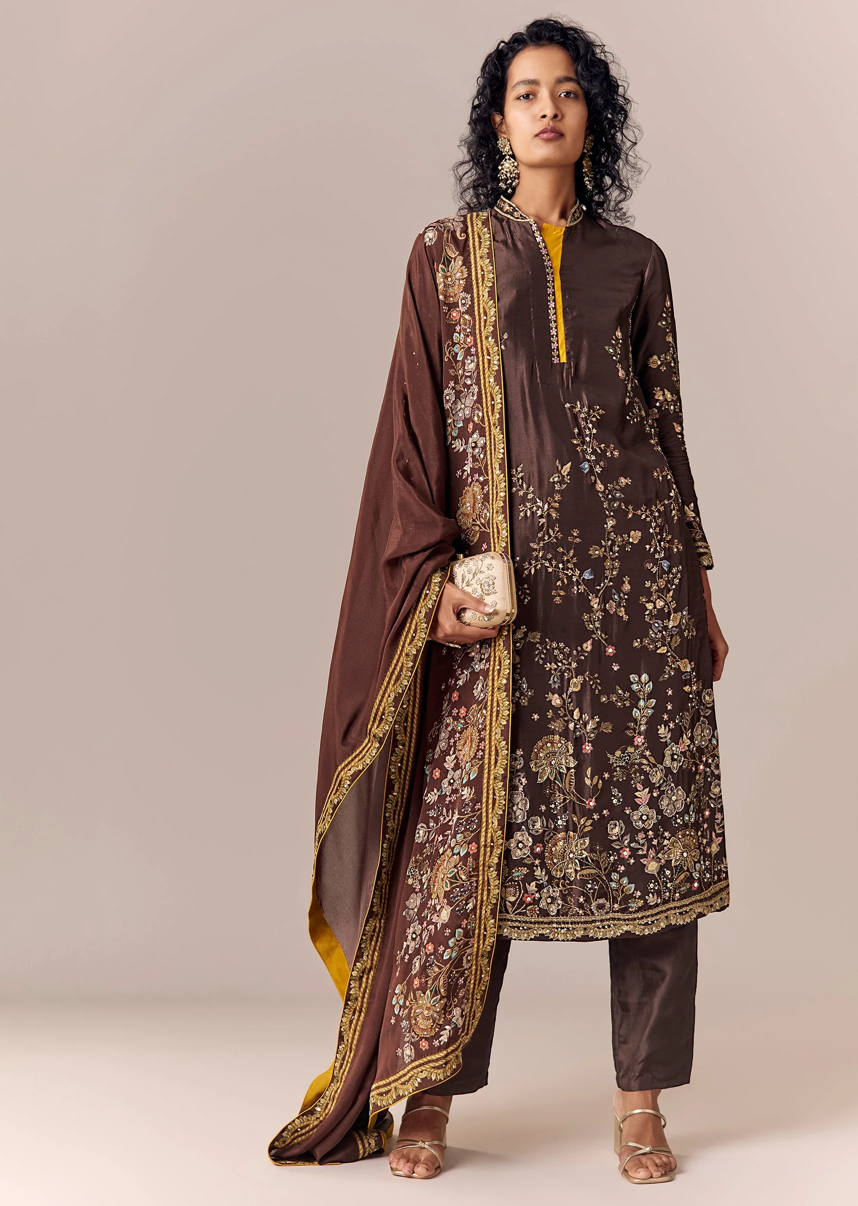 Brown Floral Printed Kurta Pant Set With Dupatta - Image 3