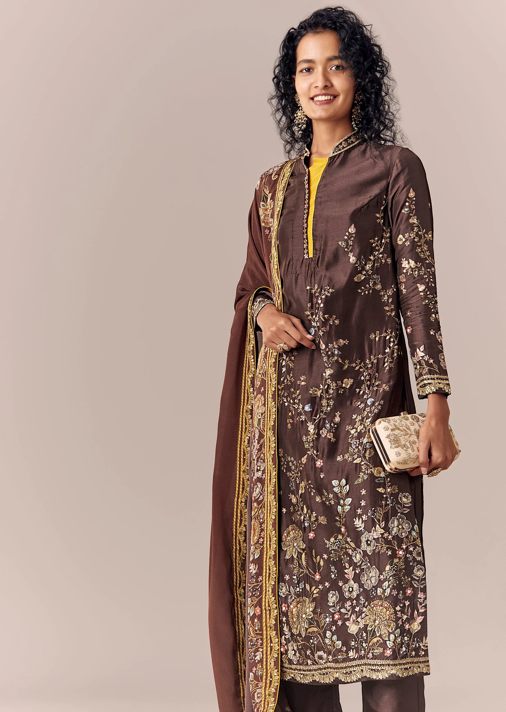 Brown Floral Printed Kurta Pant Set With Dupatta - Image 4