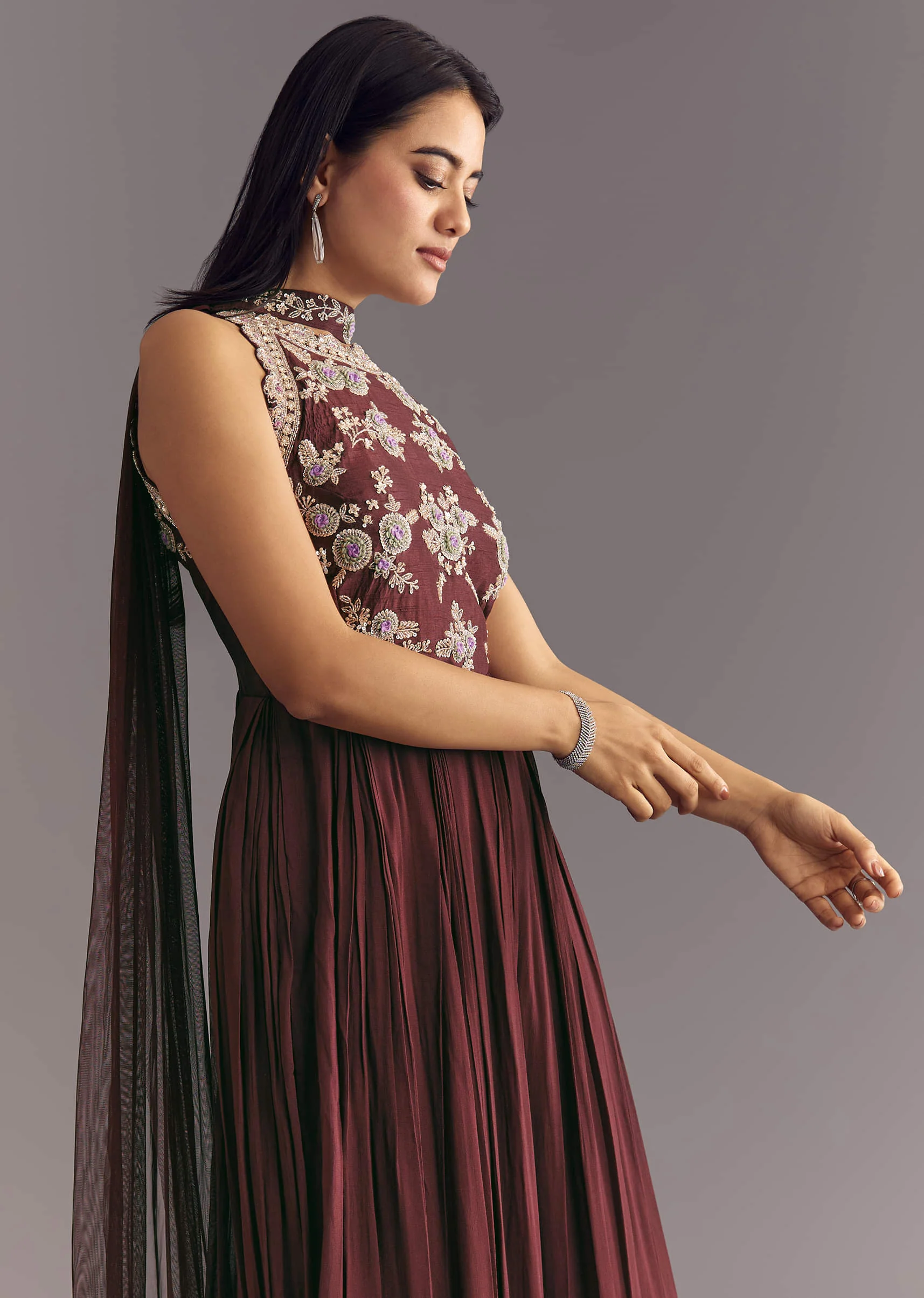 Brown Georgette Jumpsuit With Beads And Cutdana Embroidery - Image 2