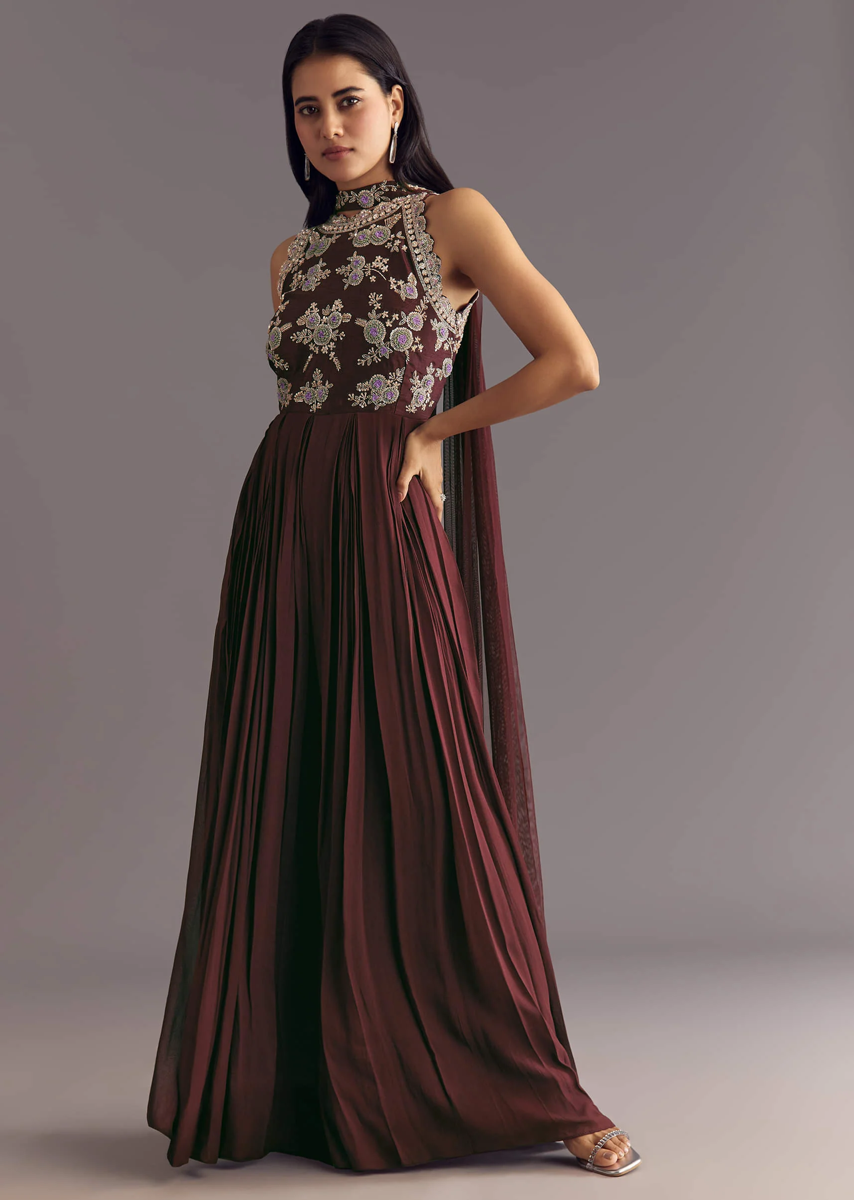 Brown Georgette Jumpsuit With Beads And Cutdana Embroidery - Image 3