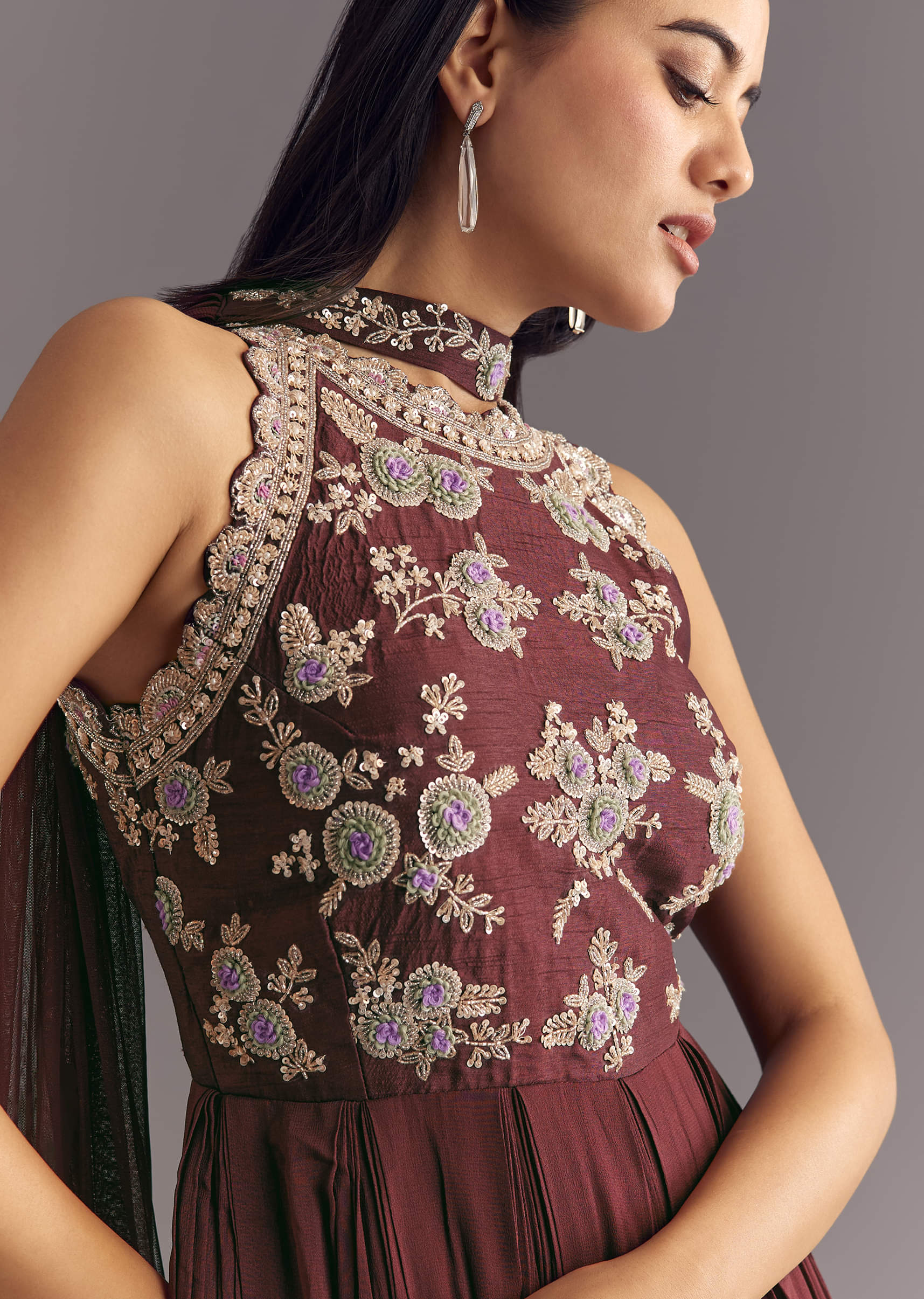 Brown Georgette Jumpsuit With Beads And Cutdana Embroidery - Image 4