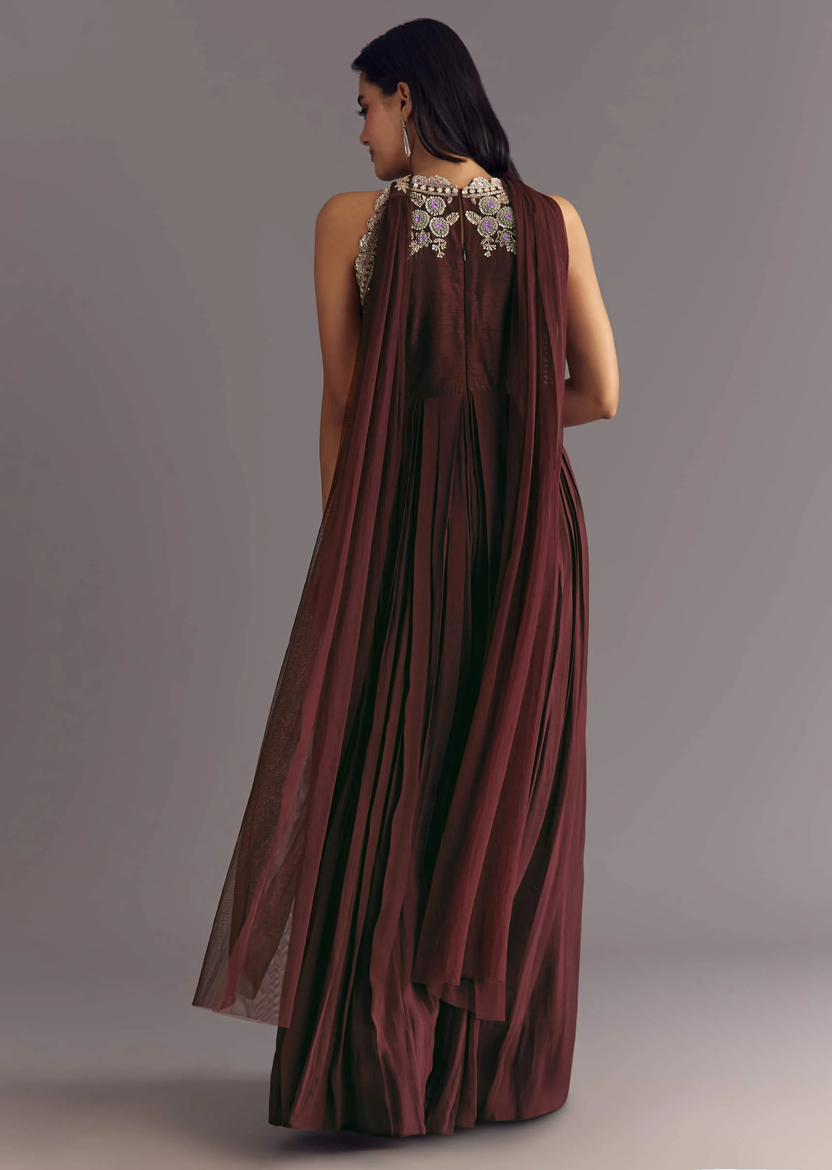 Brown Georgette Jumpsuit With Beads And Cutdana Embroidery - Image 5