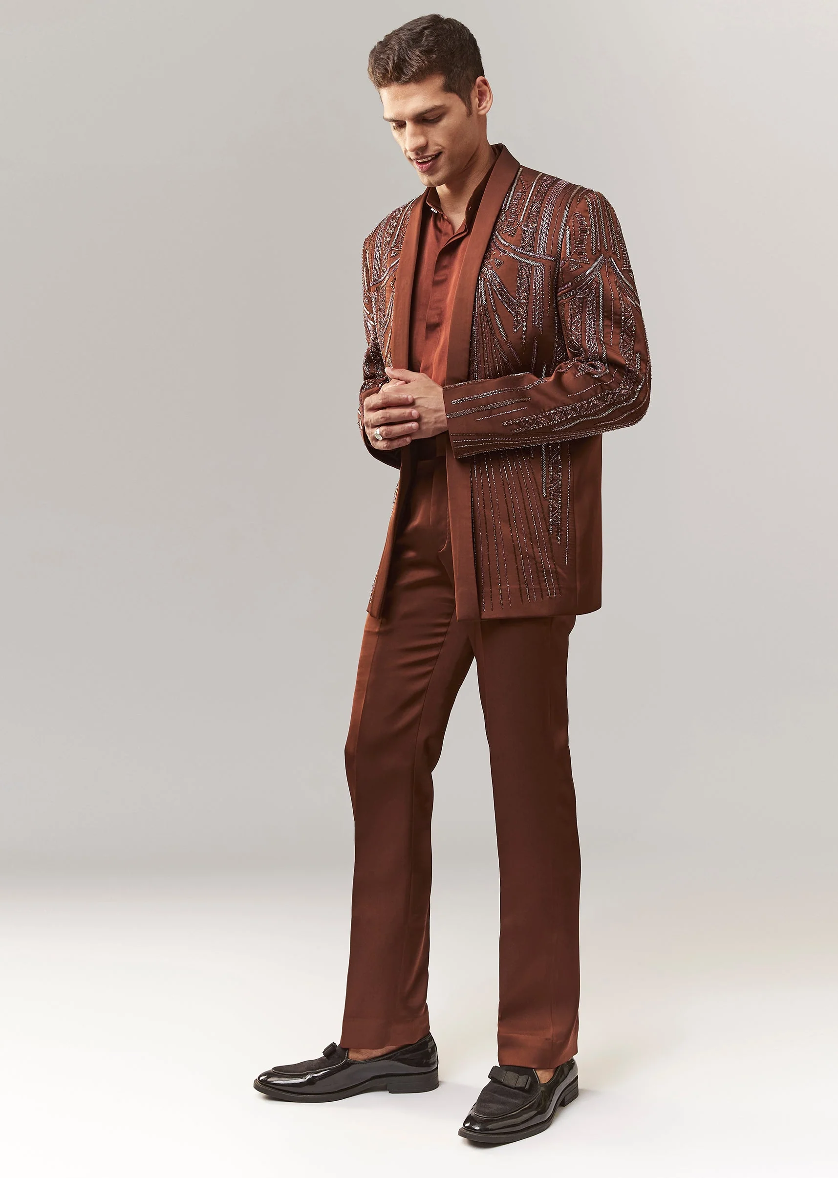 Brown Hand Embroidered Blazer Set With Waistcoat - Image 4