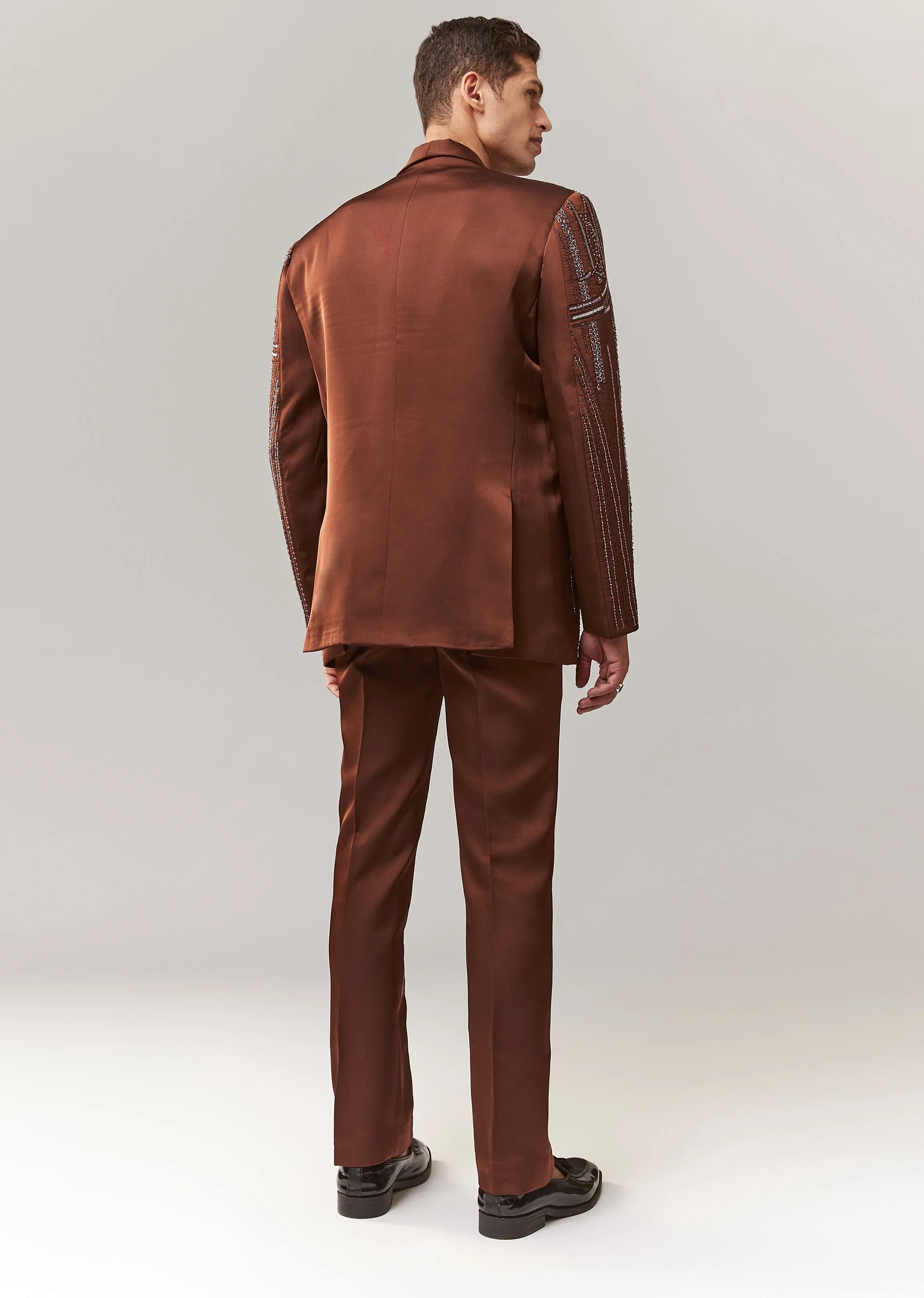 Brown Hand Embroidered Blazer Set With Waistcoat - Image 5