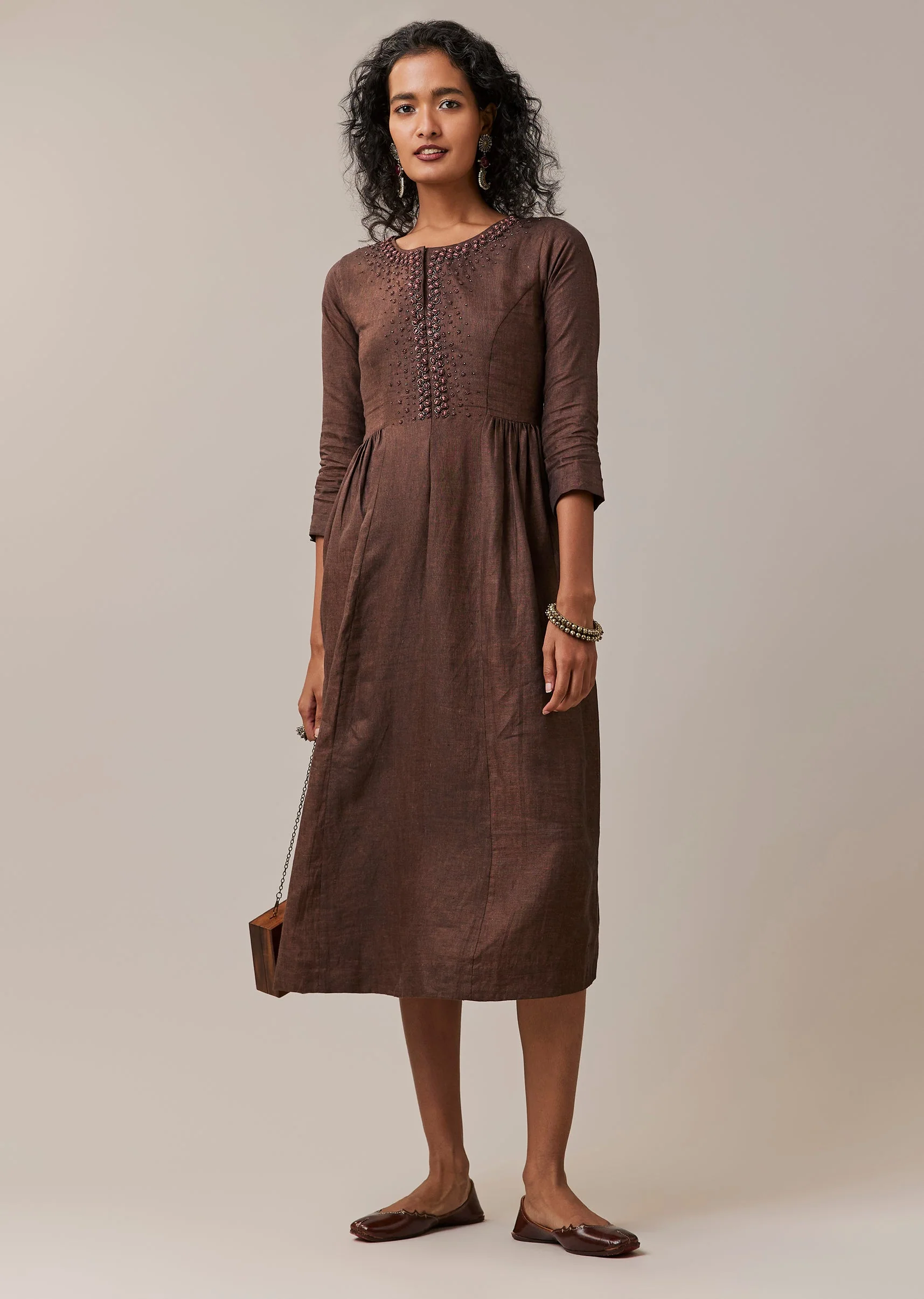Brown Hand Embroidered French Knot Linen Kurta - Image 3