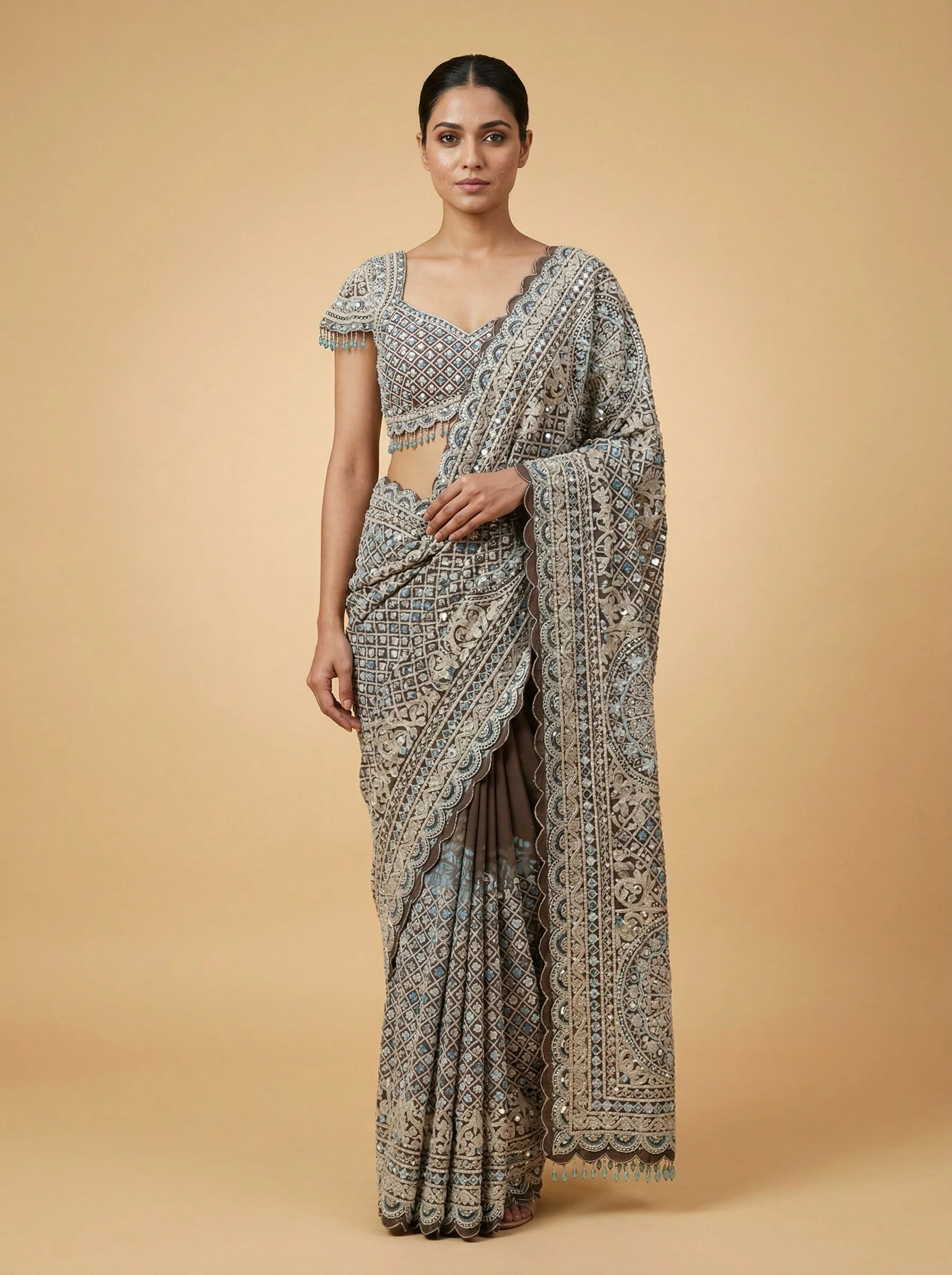Brown Heritage Embroidered Saree