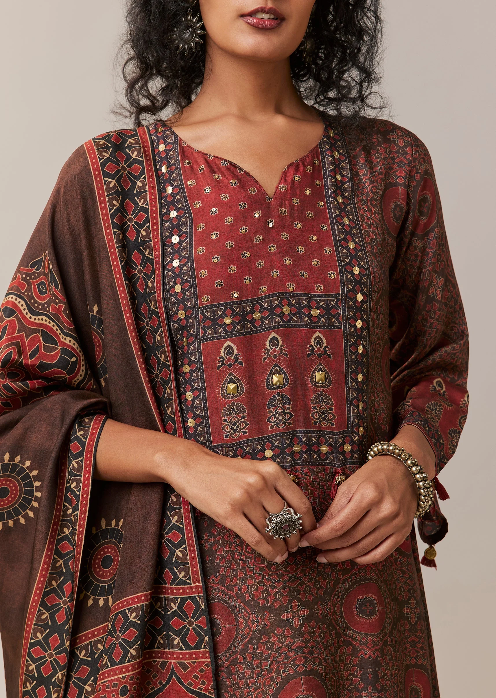 Brown Indie Print Silk Kurta Set - Image 2