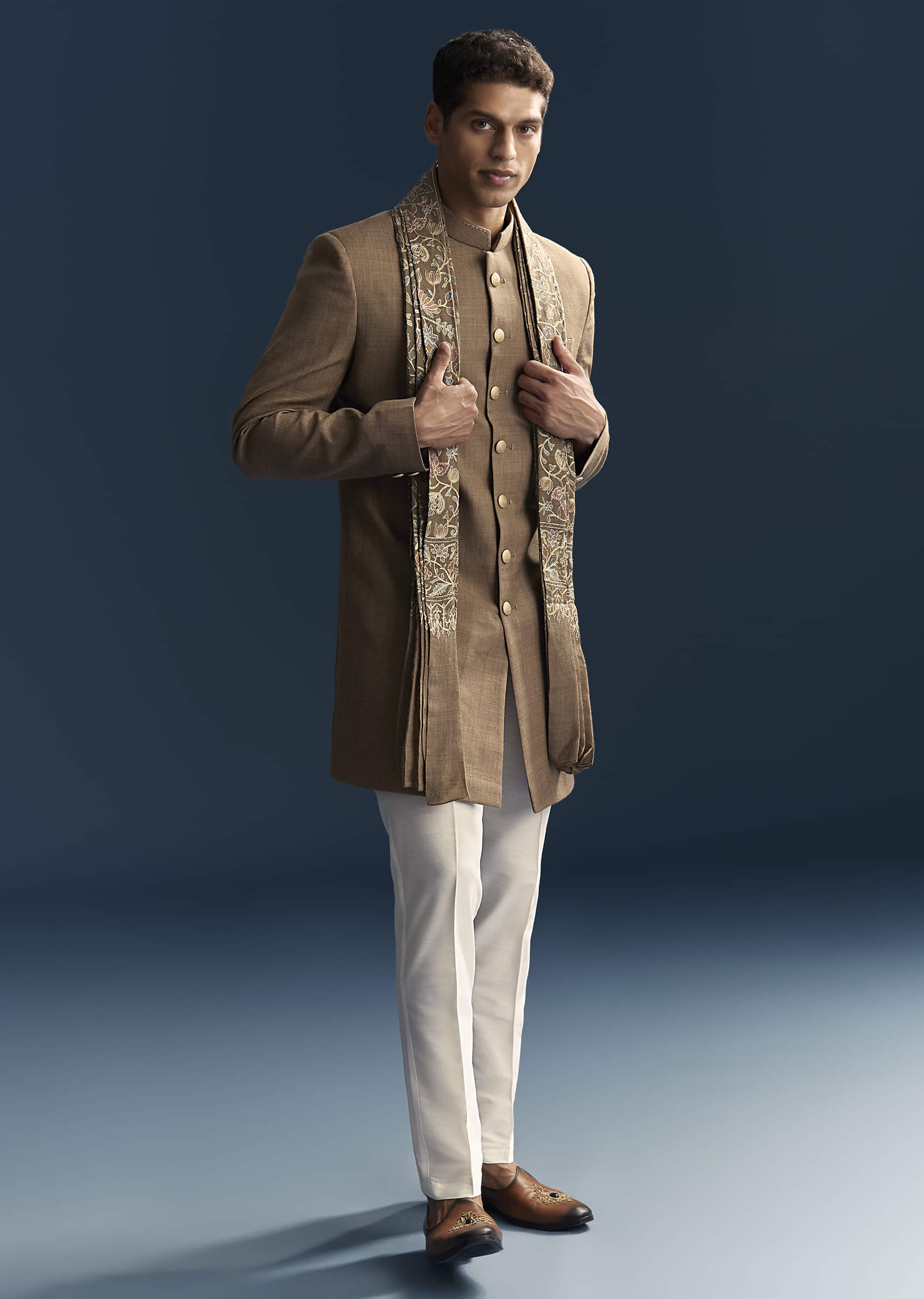 Brown Jacquard Indo Western Set For Men With Embroidered Stole - Image 4