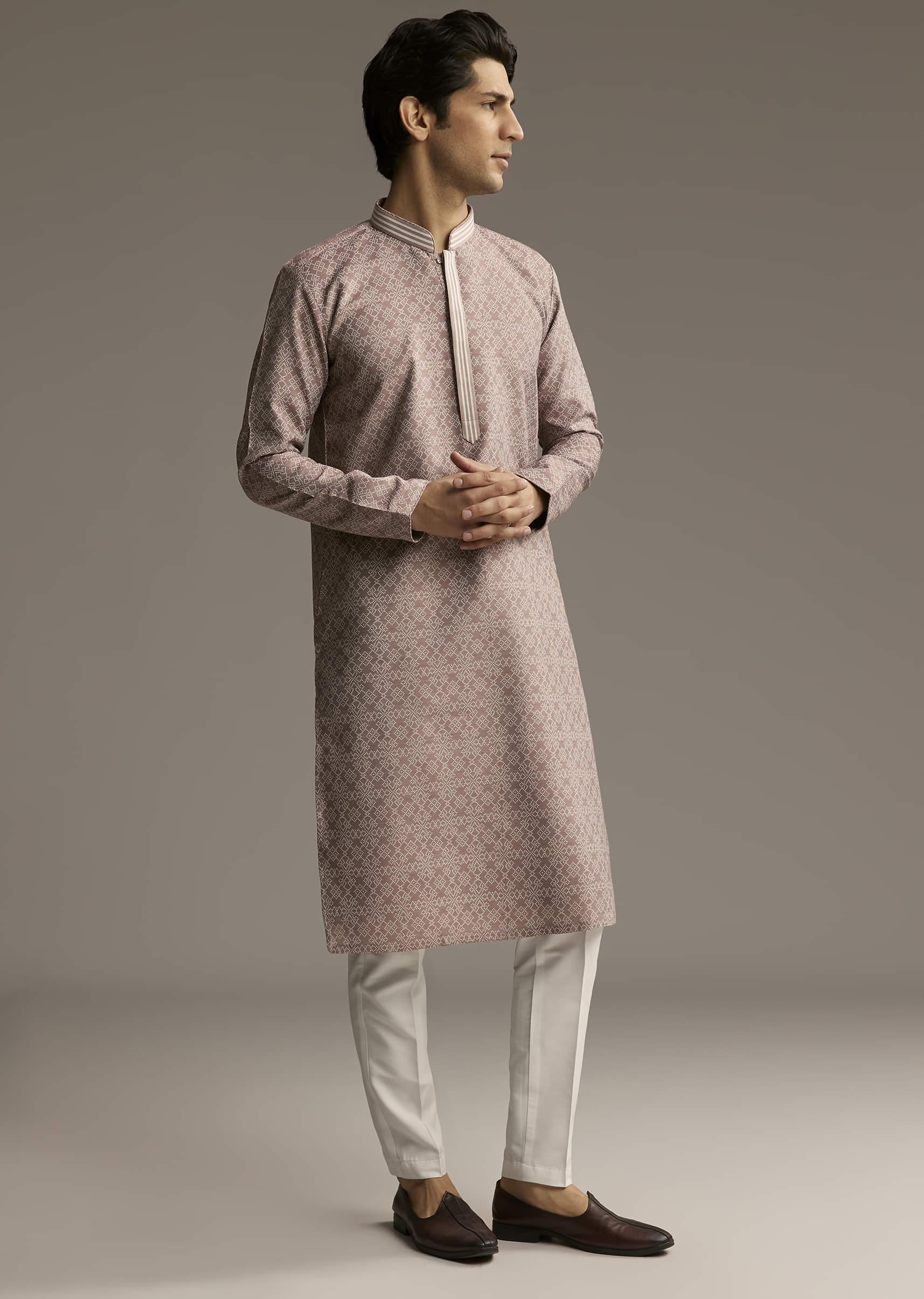 Brown Jacquard Kurta Set For Men - Image 3