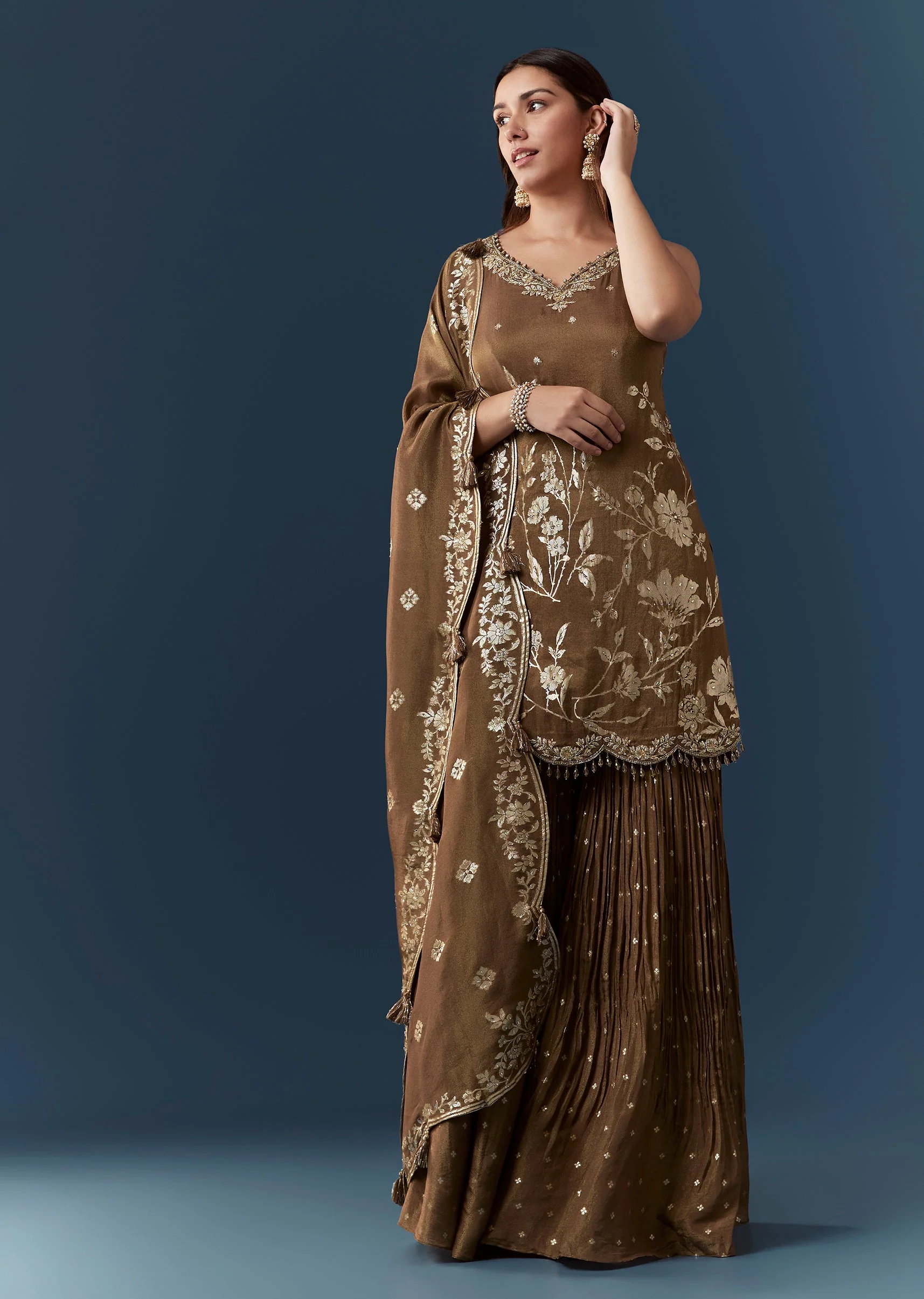 Brown Jacquard Weave Kurta Sharara Set