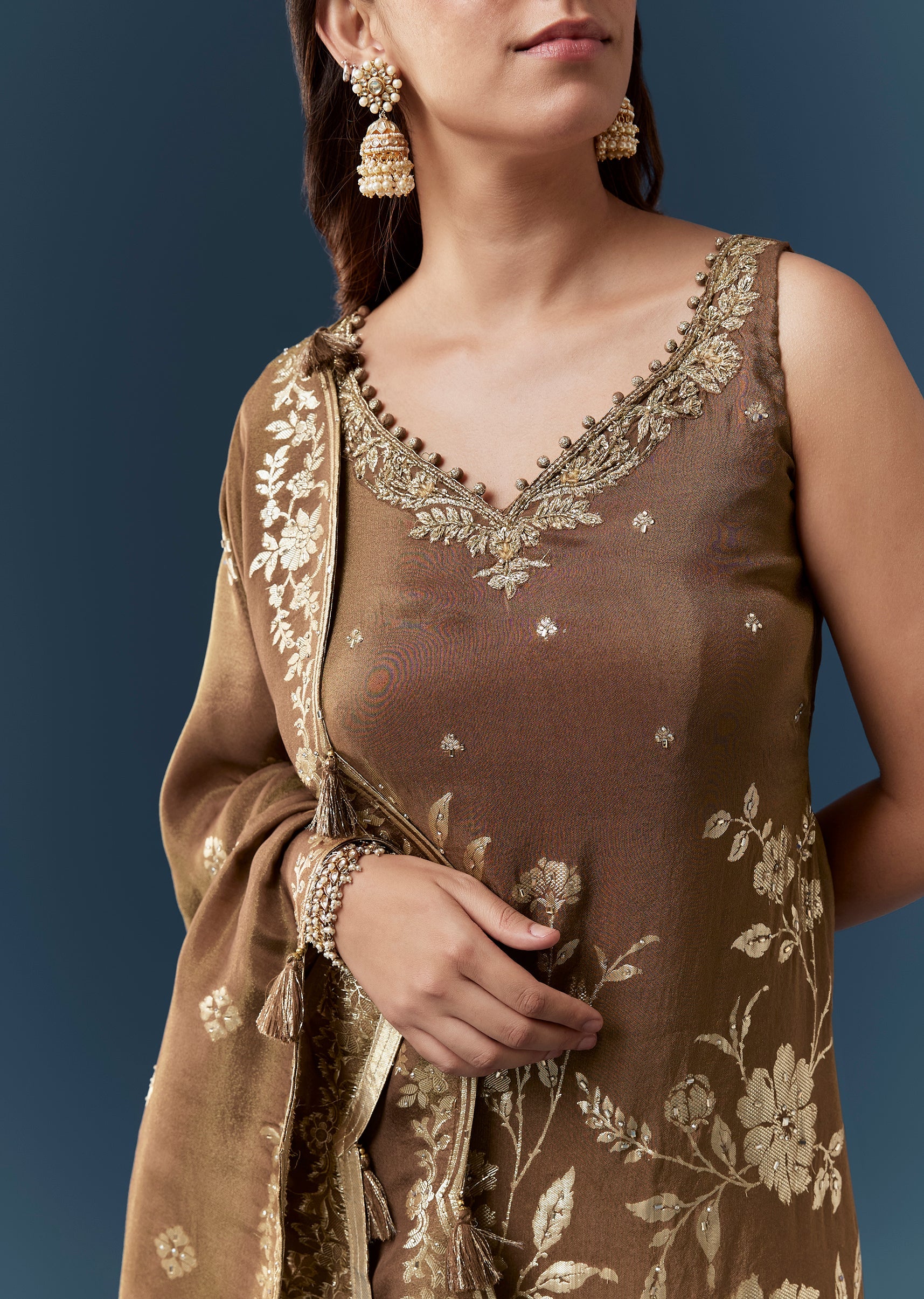 Brown Jacquard Weave Kurta Sharara Set - Image 4
