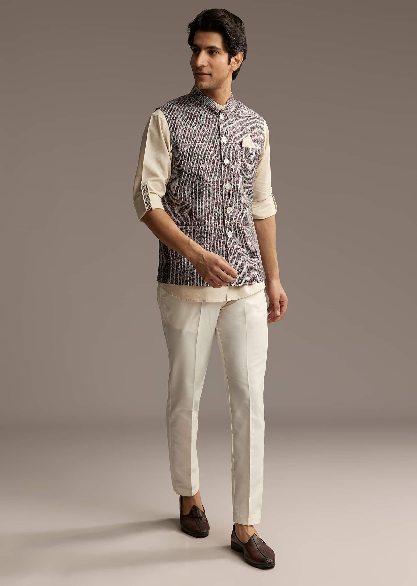 Brown Linen Kurta Jacket Set For Men With Kantha Embroidery - Image 2