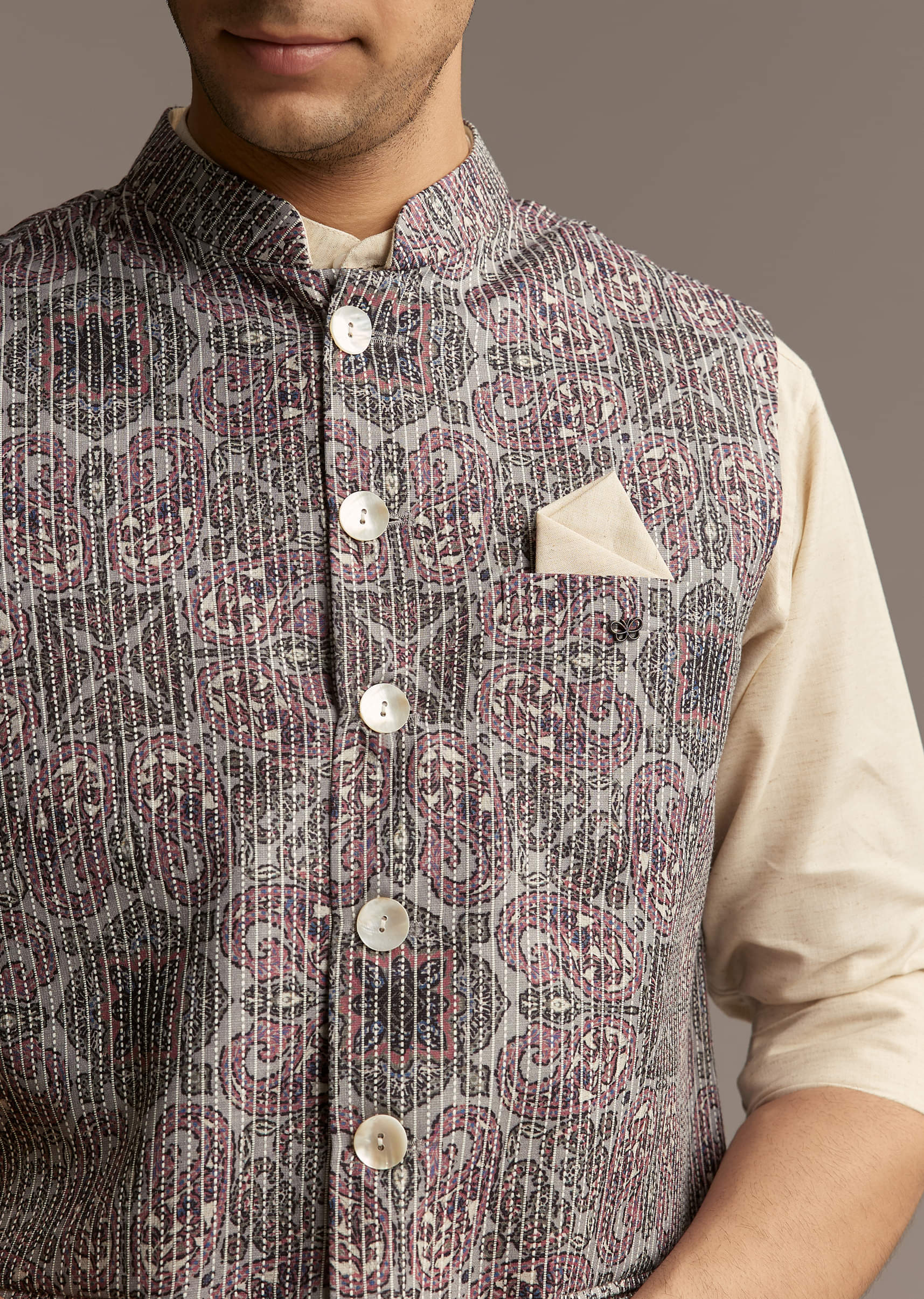 Brown Linen Kurta Jacket Set For Men With Kantha Embroidery - Image 3