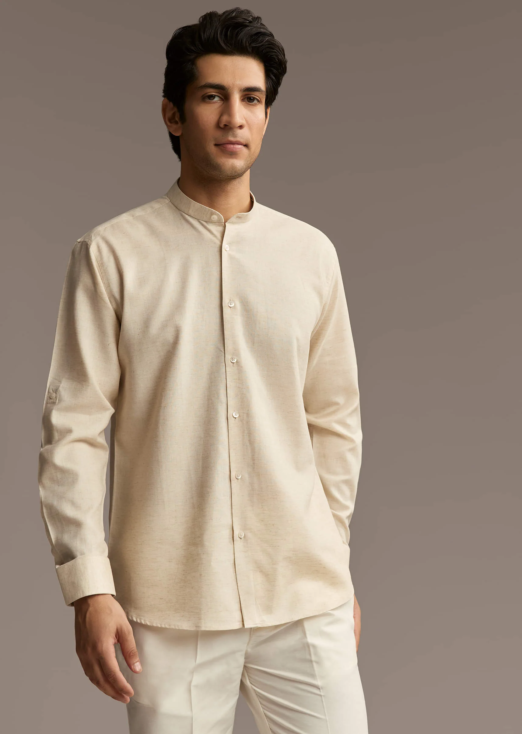 Brown Linen Kurta Jacket Set For Men With Kantha Embroidery - Image 6