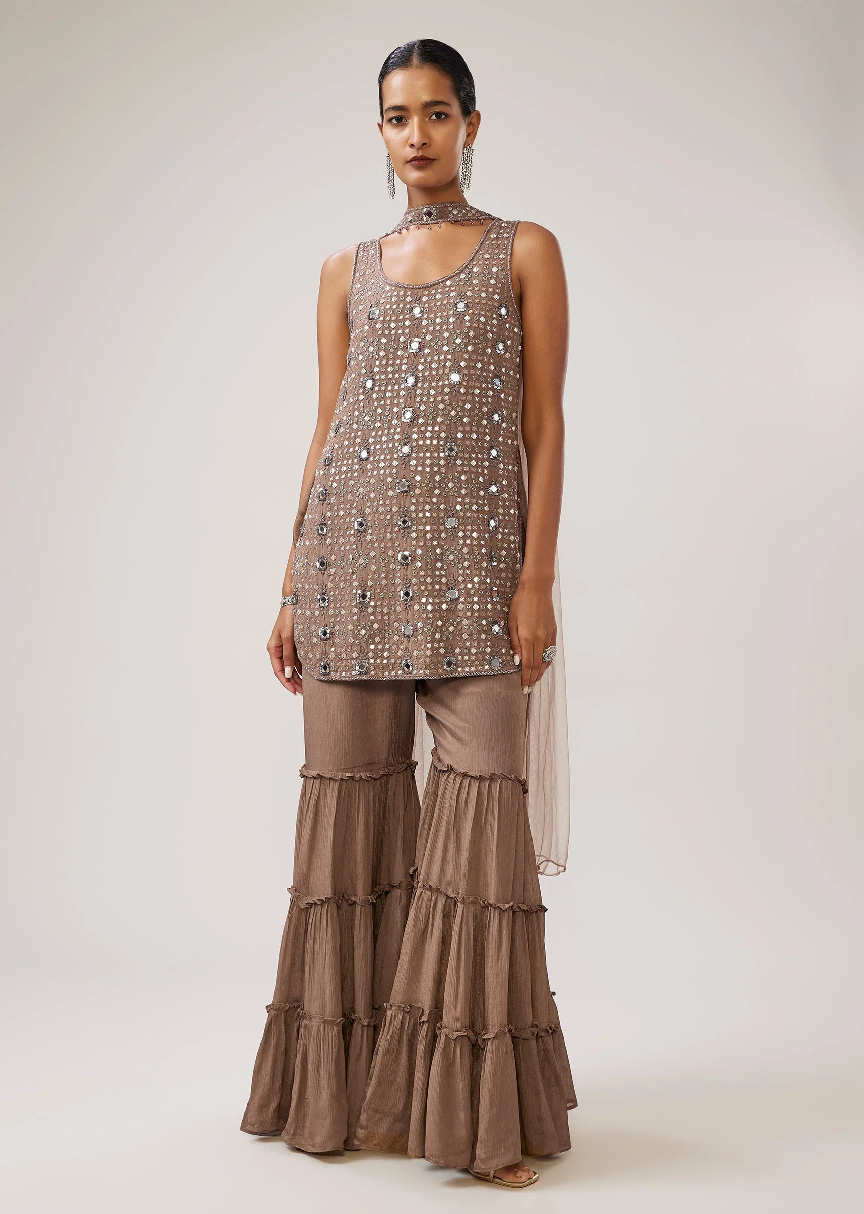Brown Mirror Work Chinon Sharara Set With Dupatta - Image 3