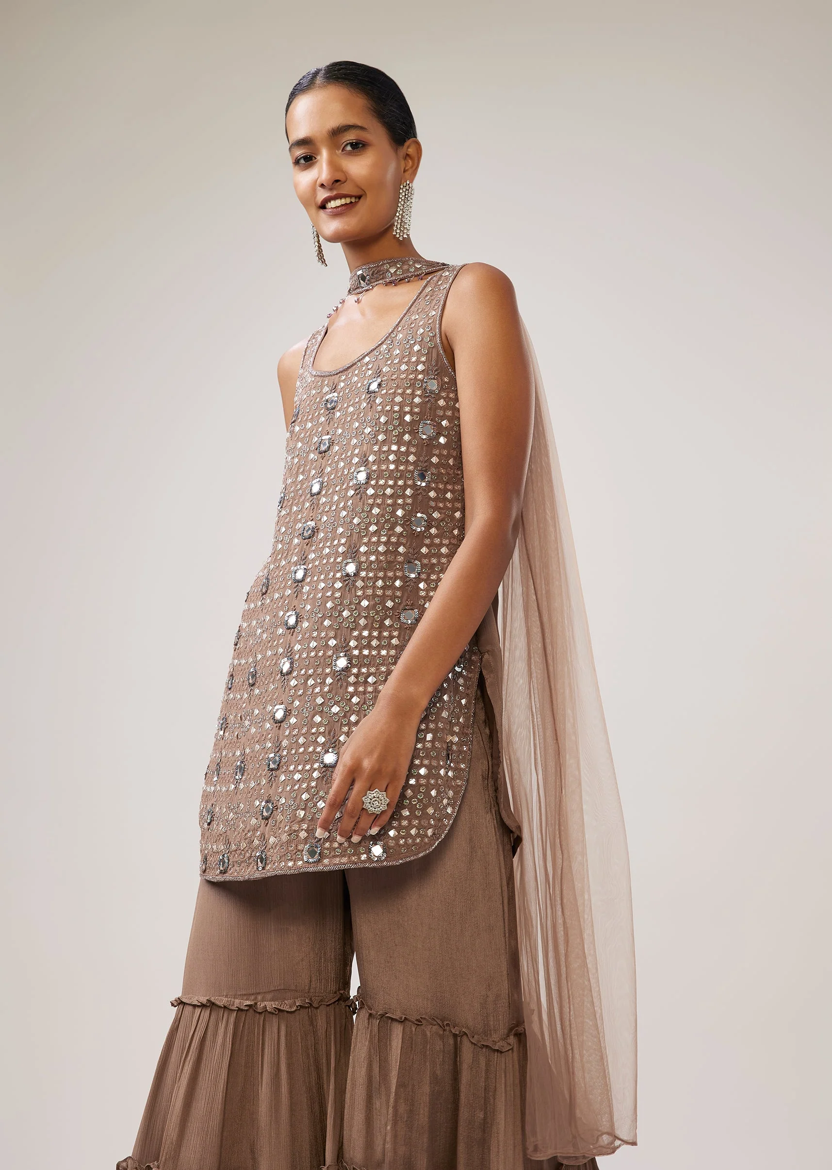 Brown Mirror Work Chinon Sharara Set With Dupatta - Image 4