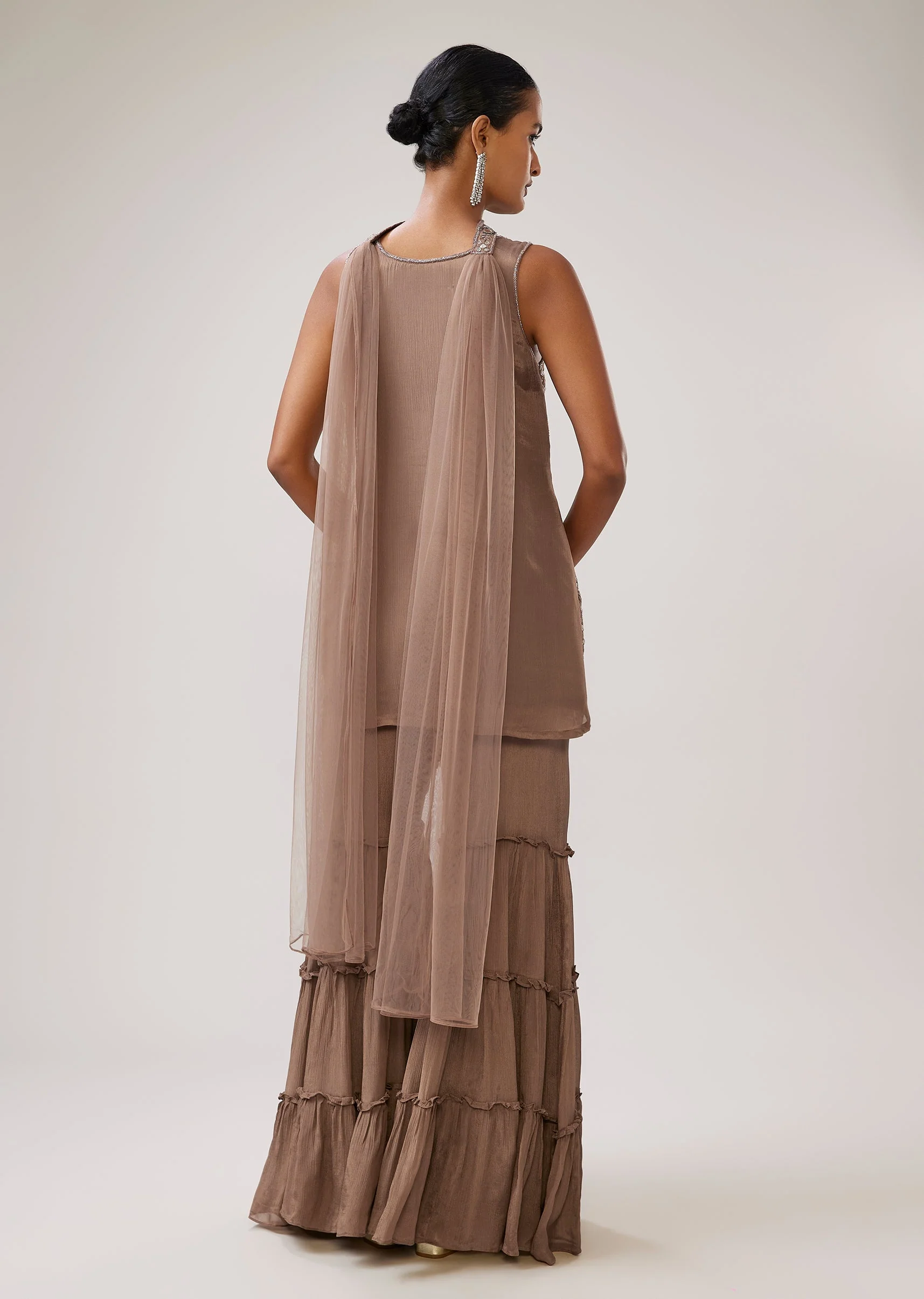 Brown Mirror Work Chinon Sharara Set With Dupatta - Image 5