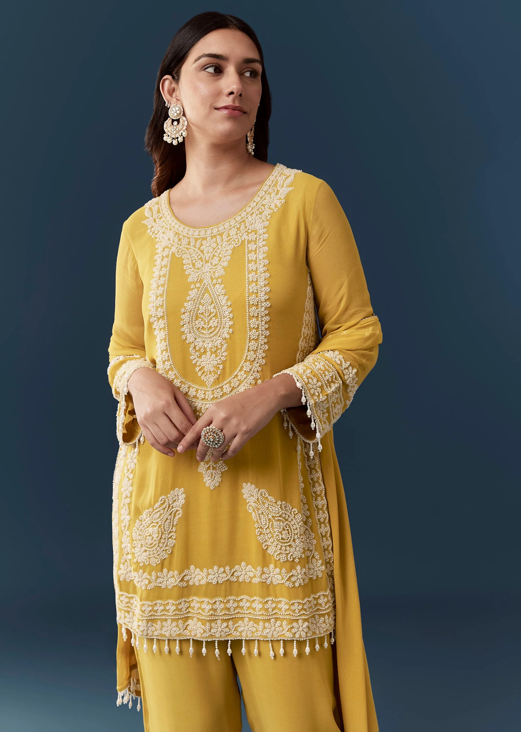 Brown Moti Embroidered Kurta Pant Set - Image 4