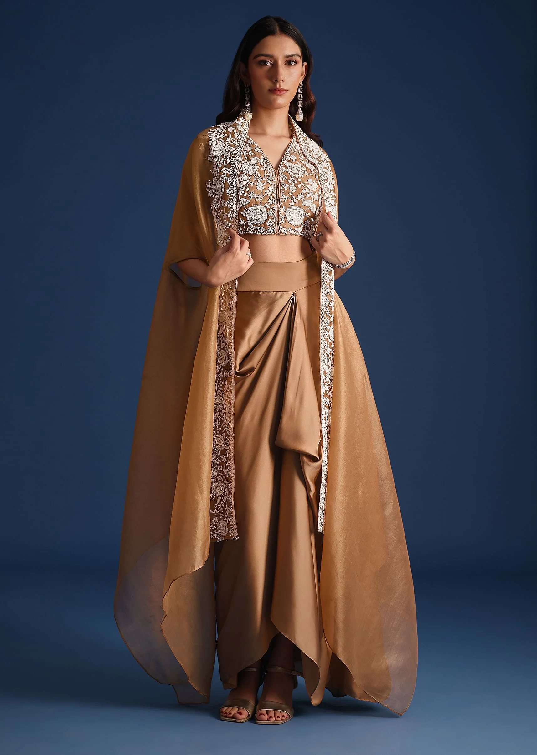 Brown Moti Work Jacket With Skirt And Crop Top - Image 3