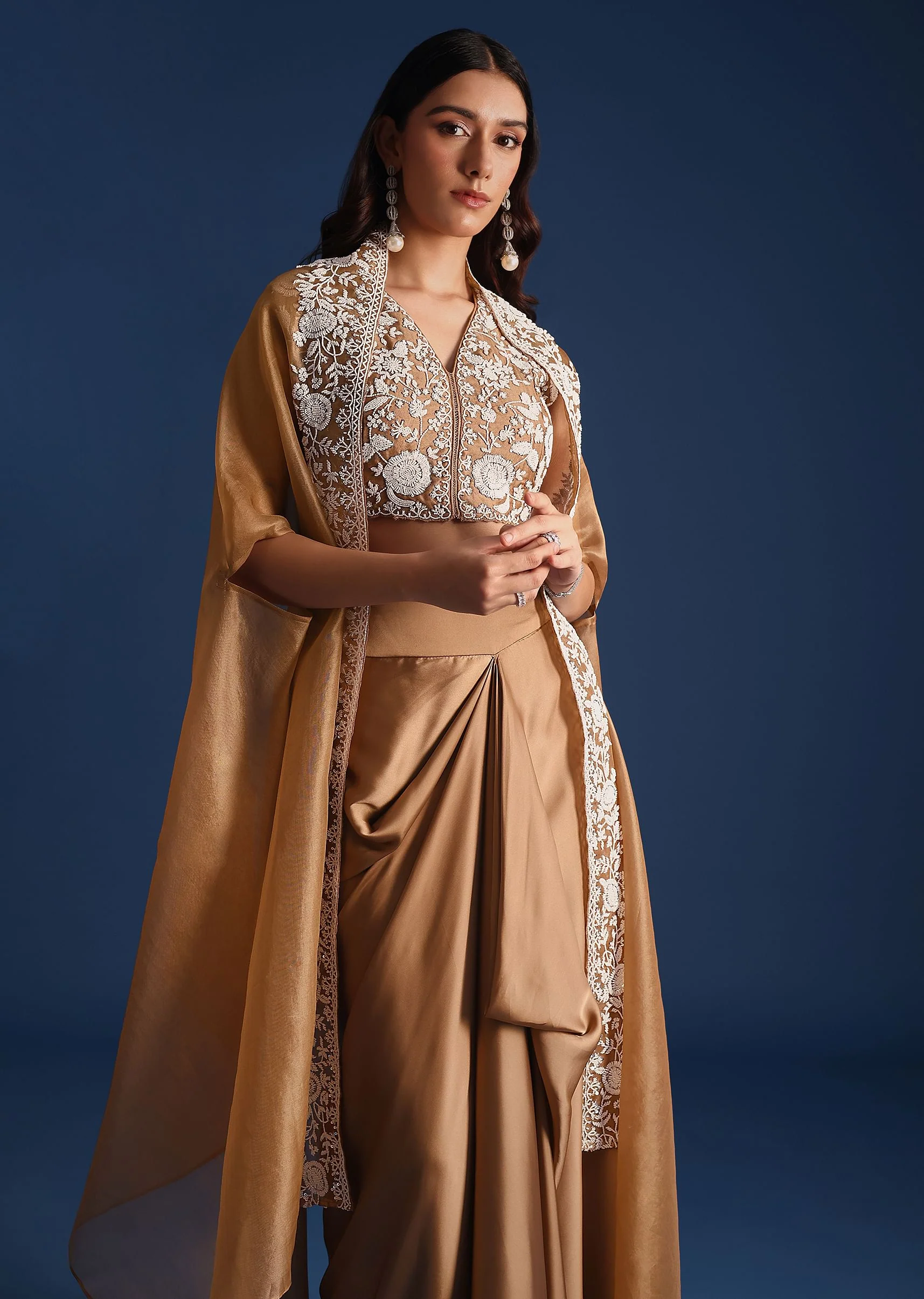 Brown Moti Work Jacket With Skirt And Crop Top - Image 4