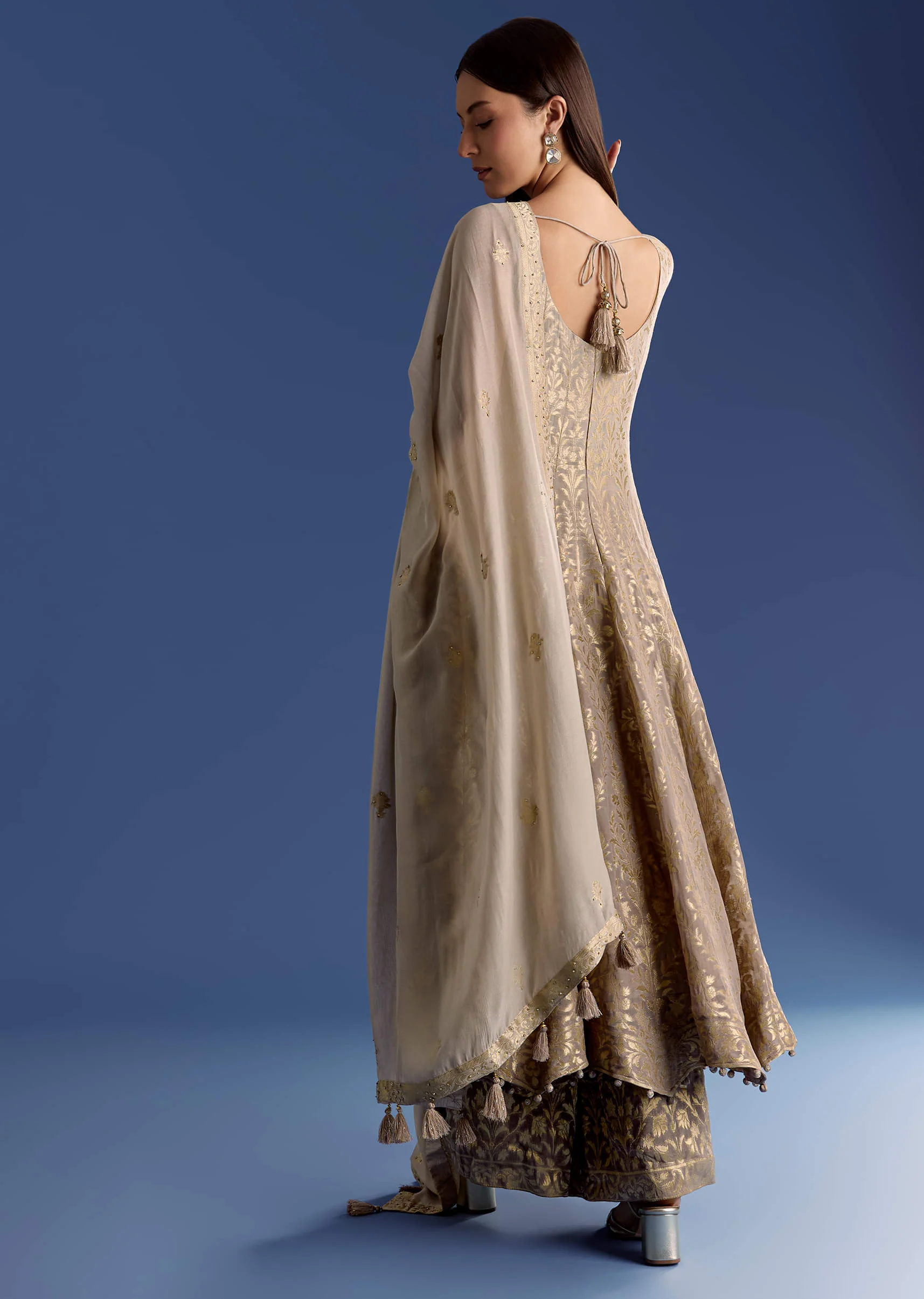 Brown Ombre Georgette Anarkali With Cutdana Neck And Zari Dupatta - Image 5