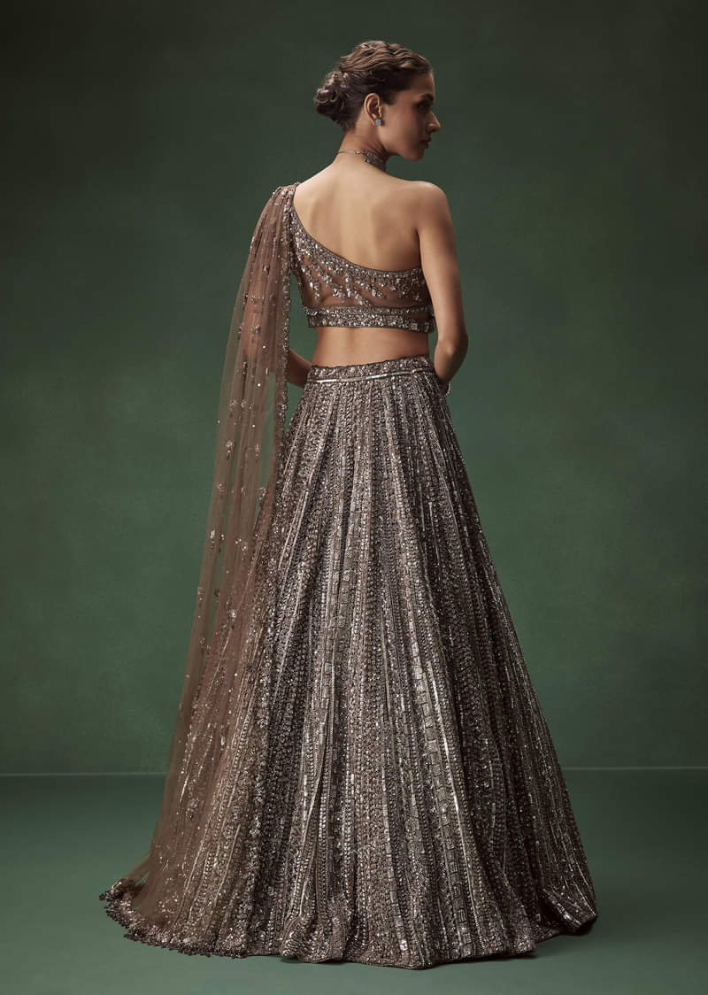Brown One Shoulder Bridal Lehenga Set With All Over Sequins - Image 2