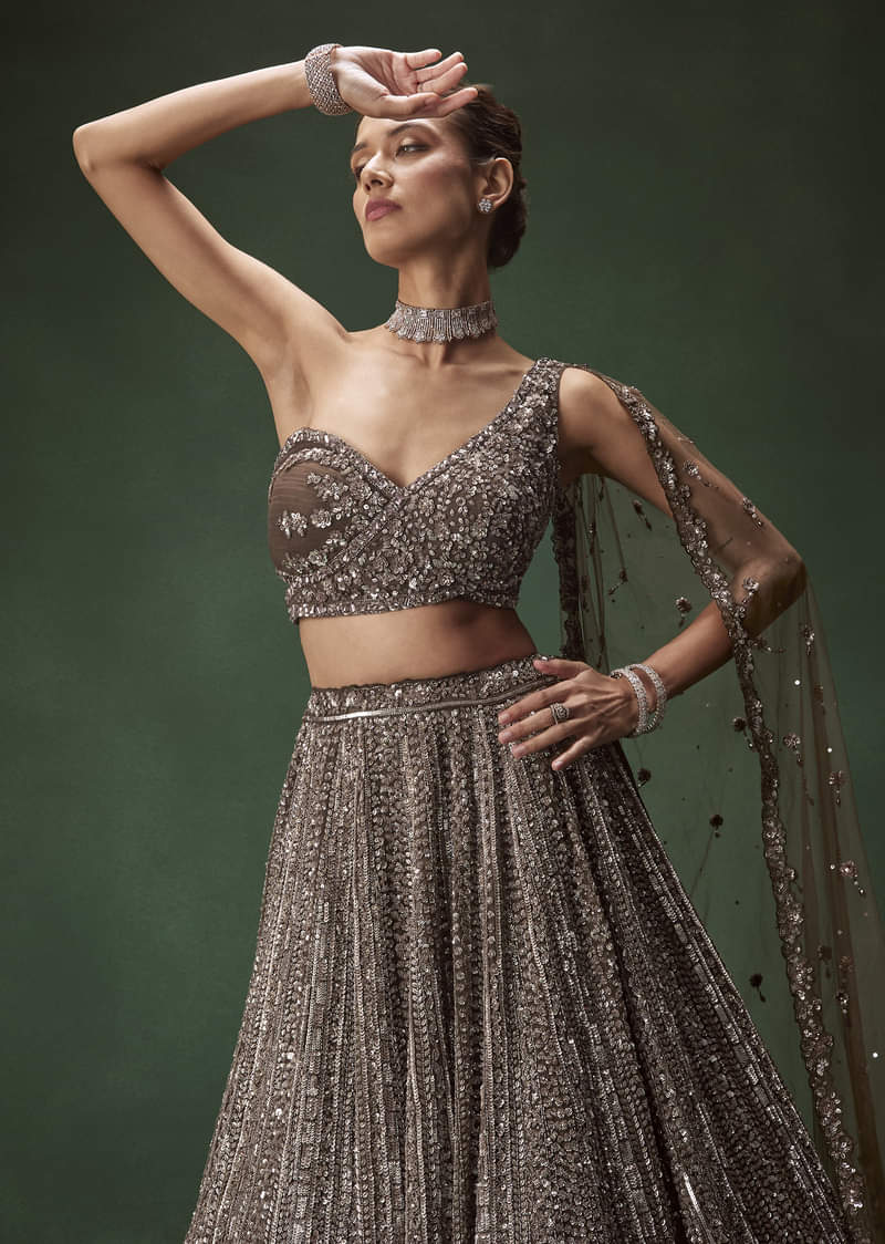 Brown One Shoulder Bridal Lehenga Set With All Over Sequins - Image 5