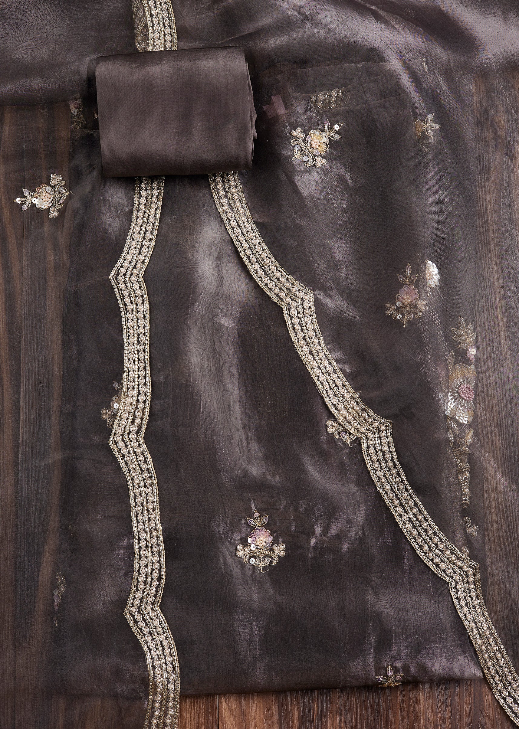 Brown Organza Floral Suit