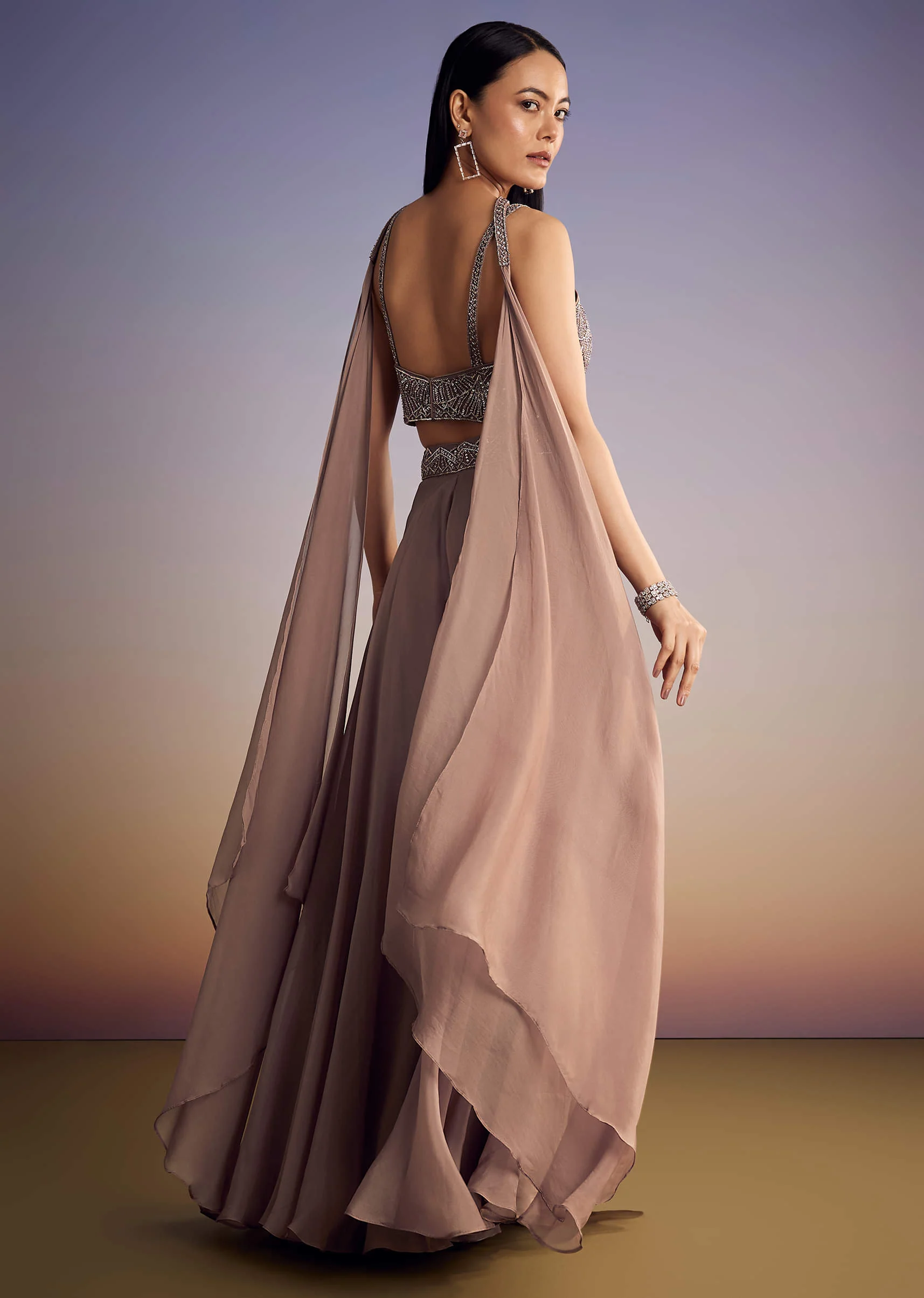 Brown Organza Palazzo Set With Cutdana And Sequins Dupatta - Image 5