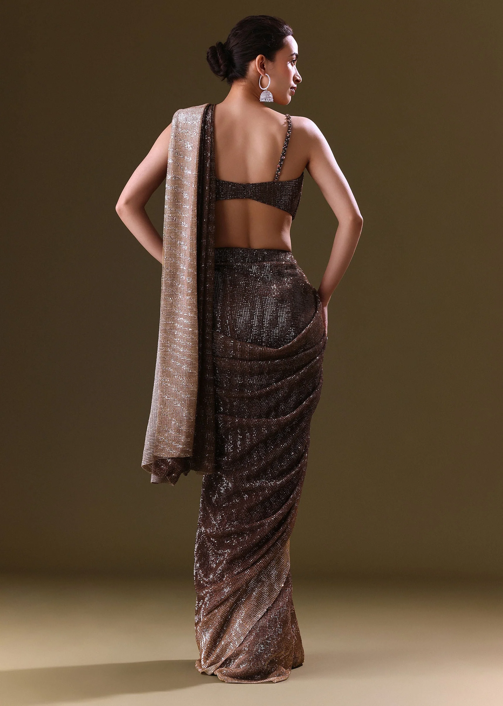 Brown Pre Stitched Saree With Cowl Blouse - Image 5