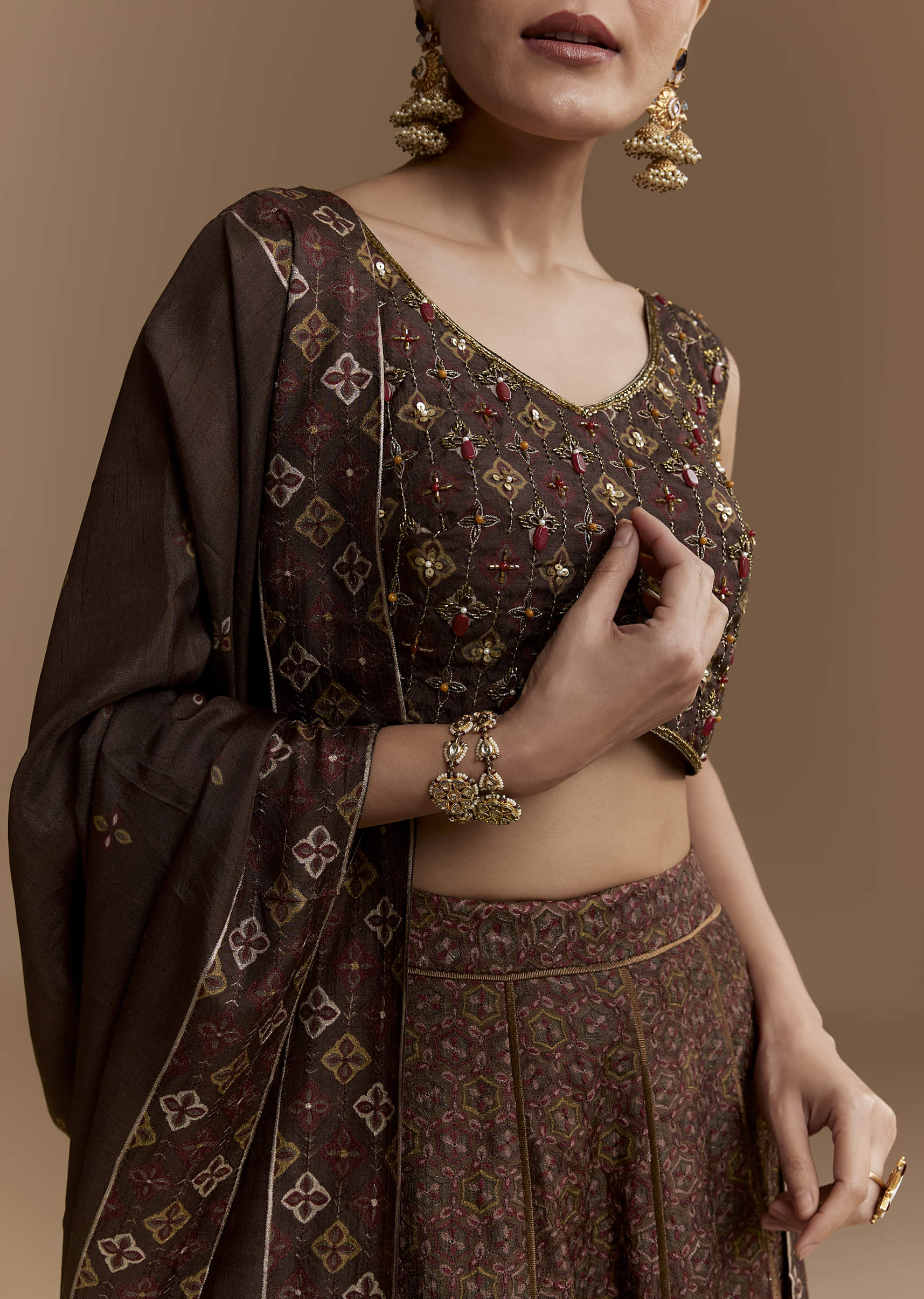 Brown Printed Silk Bridesmaid Lehenga Set with Dupatta - Image 3