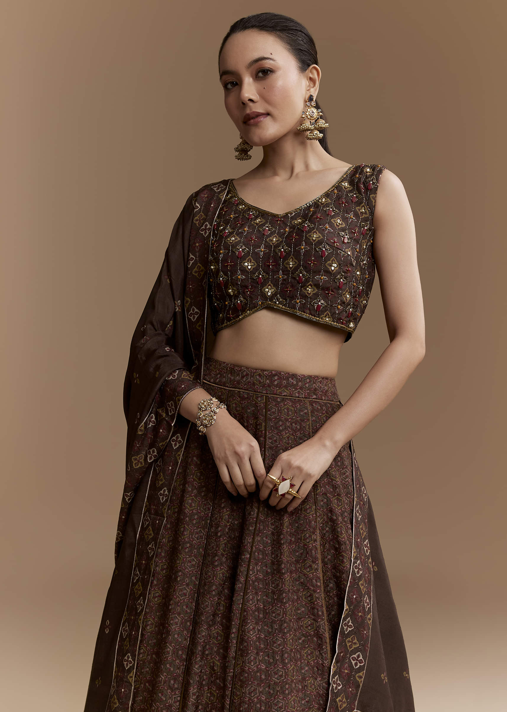 Brown Printed Silk Bridesmaid Lehenga Set with Dupatta - Image 5