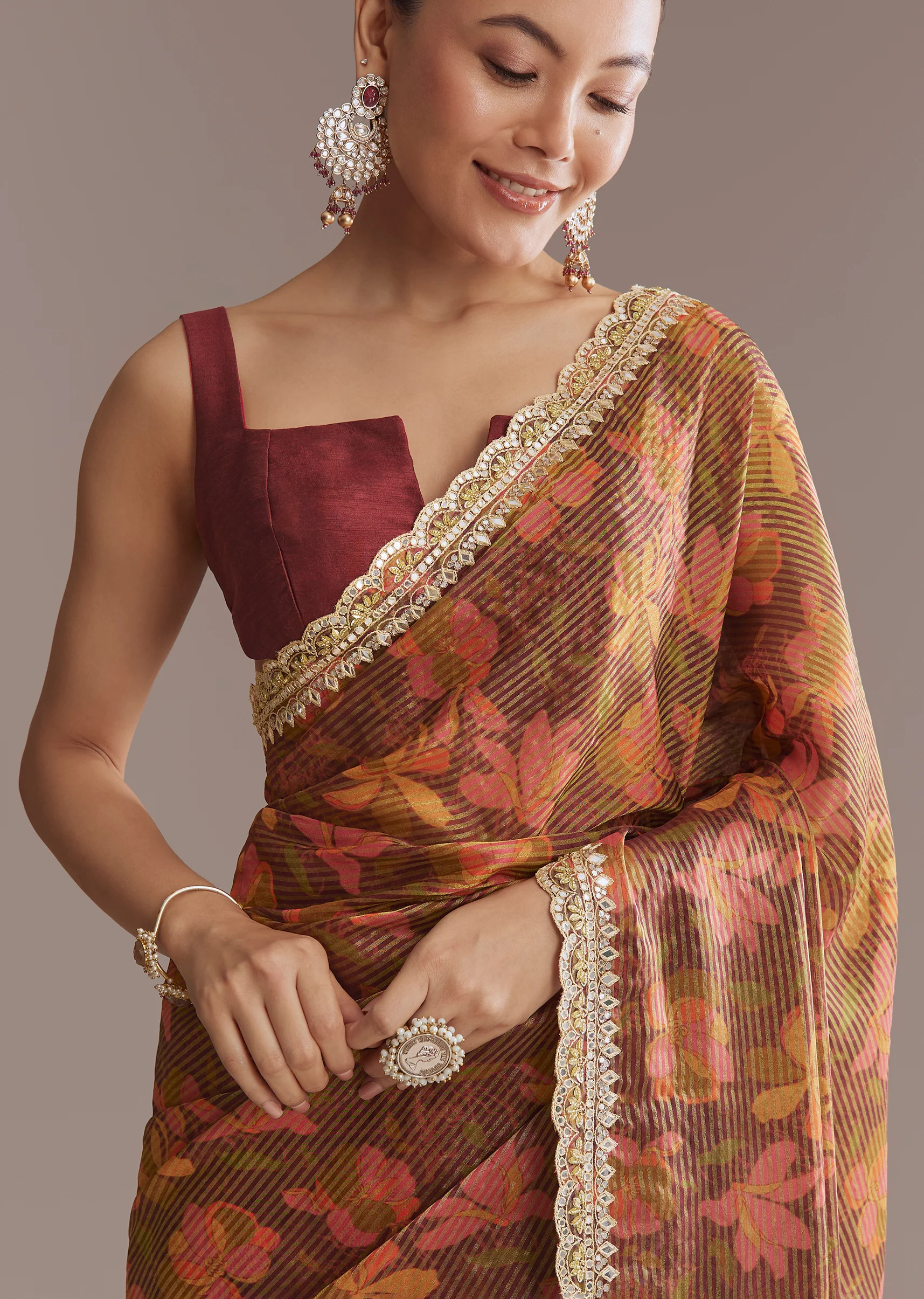 Brown Printed Tissue Lurex Saree With Zari Mirror And Cutdana Embroidery - Image 2