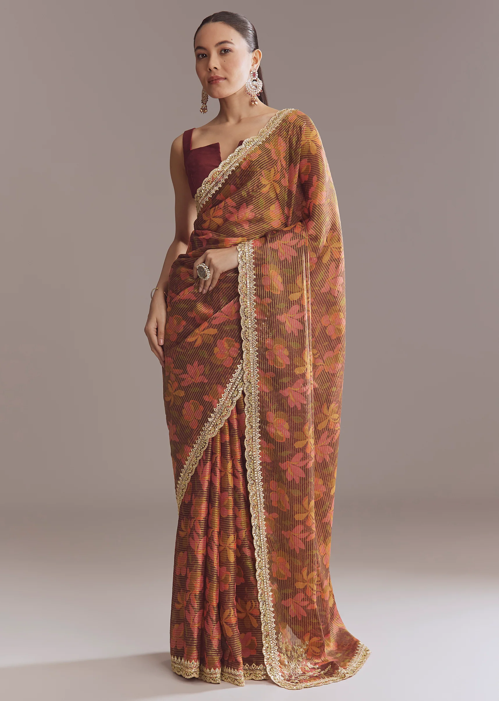Brown Printed Tissue Lurex Saree With Zari Mirror And Cutdana Embroidery - Image 3