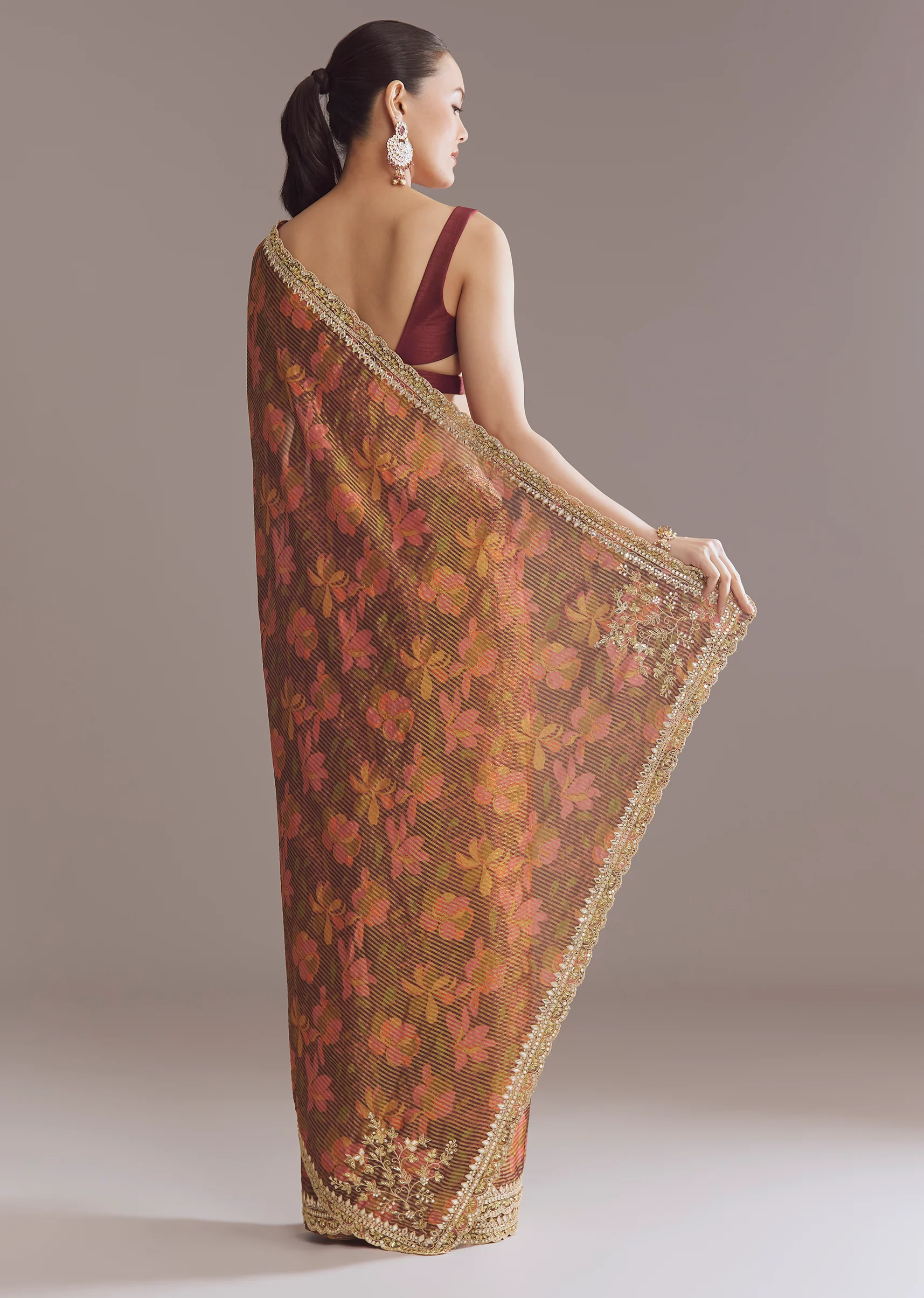 Brown Printed Tissue Lurex Saree With Zari Mirror And Cutdana Embroidery - Image 4